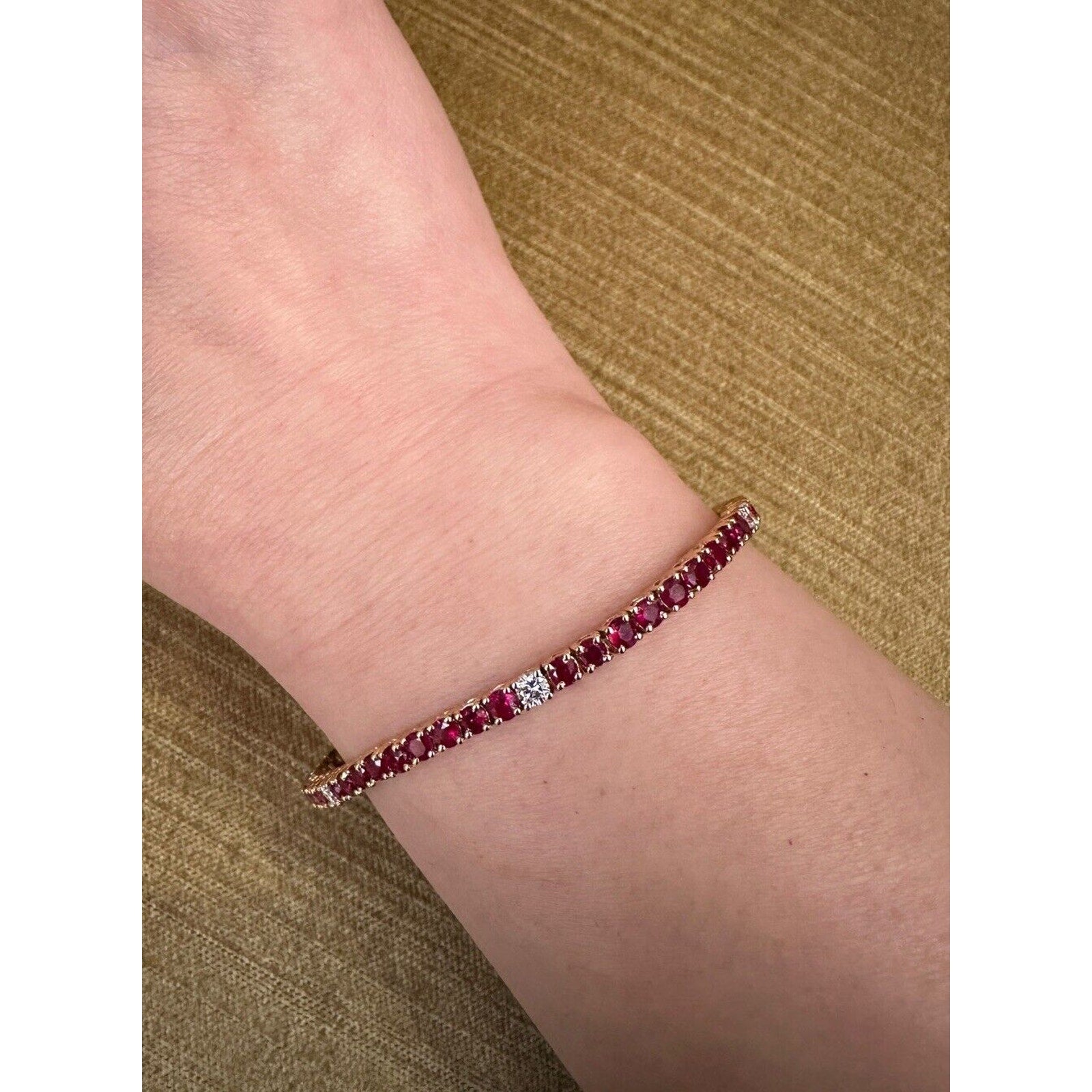 Unheated Ruby and Diamond Line Tennis Bracelet in 18k Yellow Gold