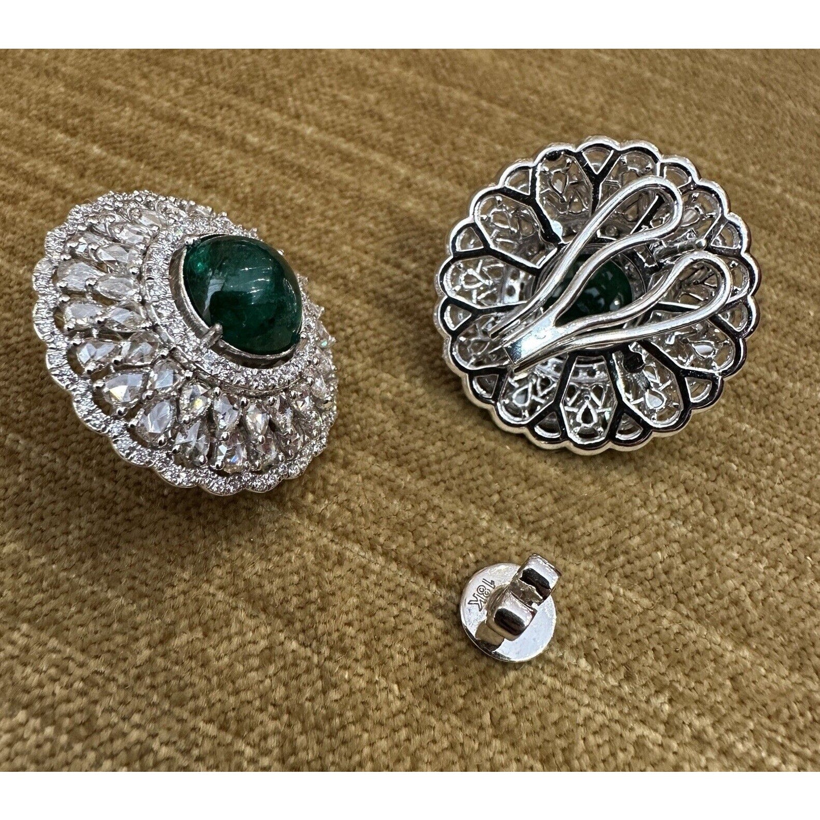 Emerald Cabochon and Rose cut Diamond Earrings in 18k White Gold - HM2569EI