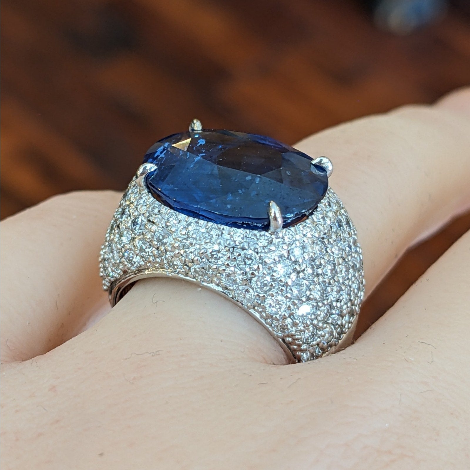 GIA 13.04 carat Oval Ceylon Sapphire & Diamond Ring in 18k White Gold