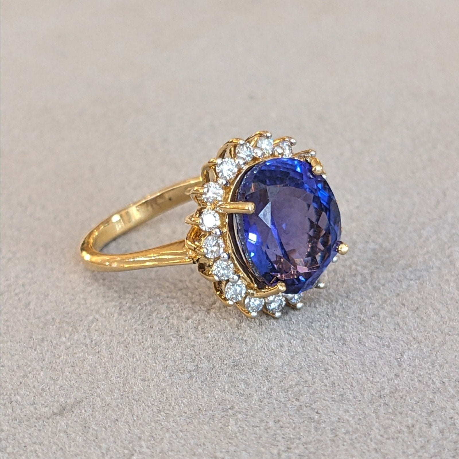 Estate 5cts Oval Tanzanite Ring with Halo Diamonds in 18k Yellow Gold