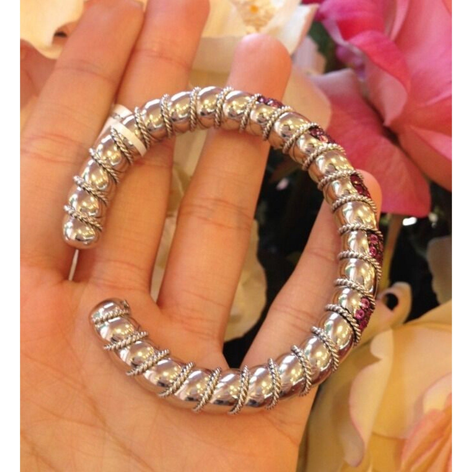 Ruby & Pink Sapphire Cuff Bangle Bracelet 3cts 18K White Gold