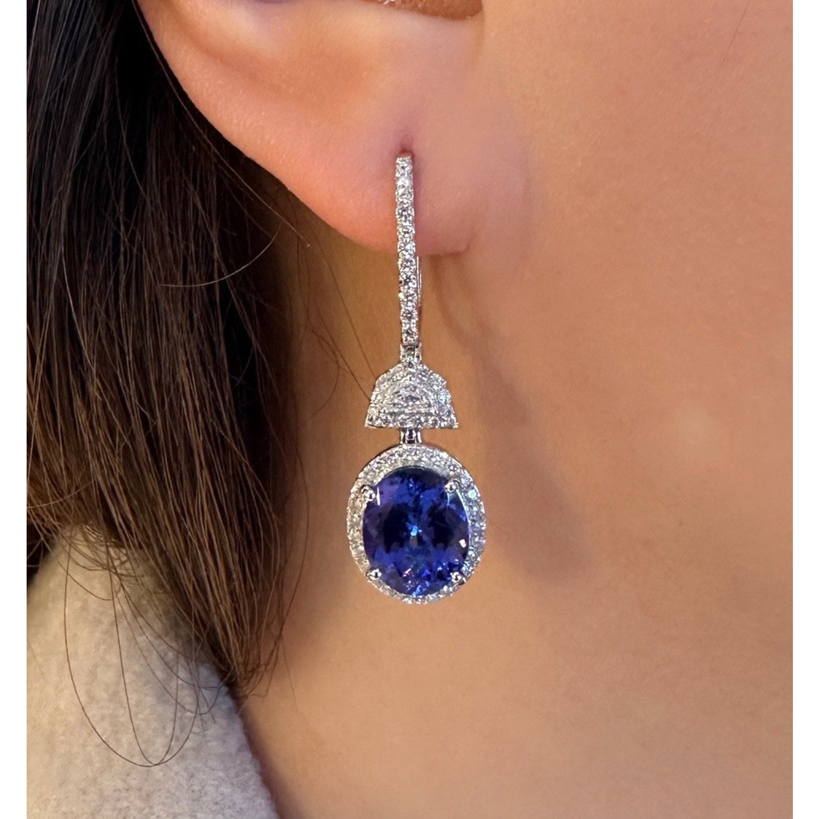 Oval Tanzanite & Diamond Drop Earrings in 18k White Gold