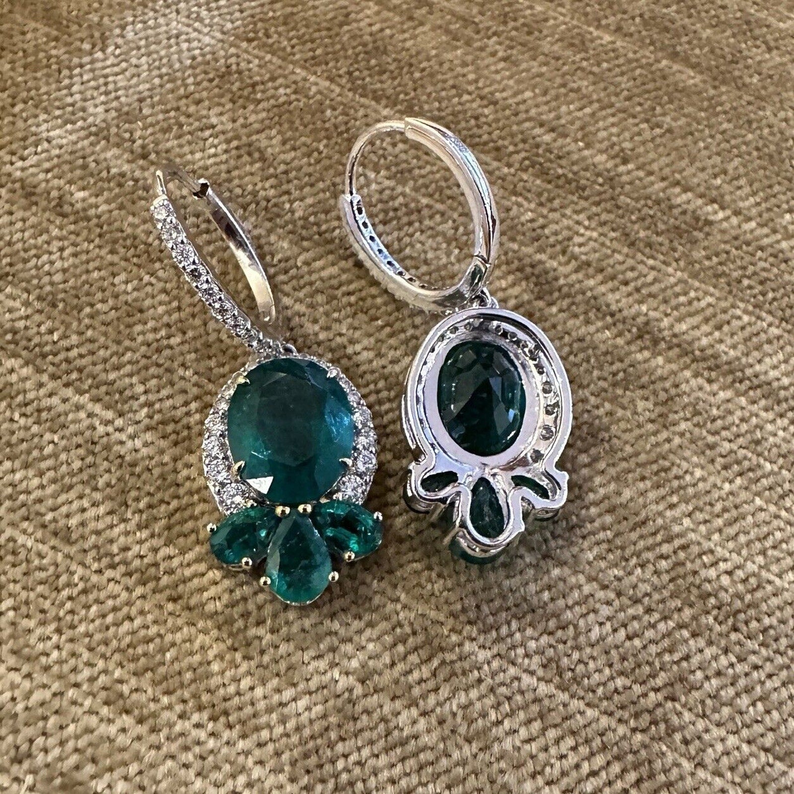 Oval Emerald and Diamond Drop Earrings in 18k White Gold