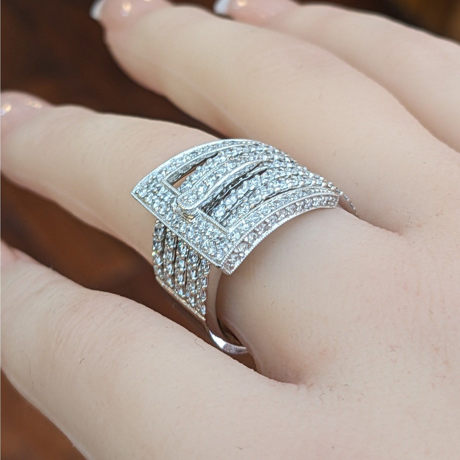 Wide Five Row Diamond Buckle Ring in 14k White Gold