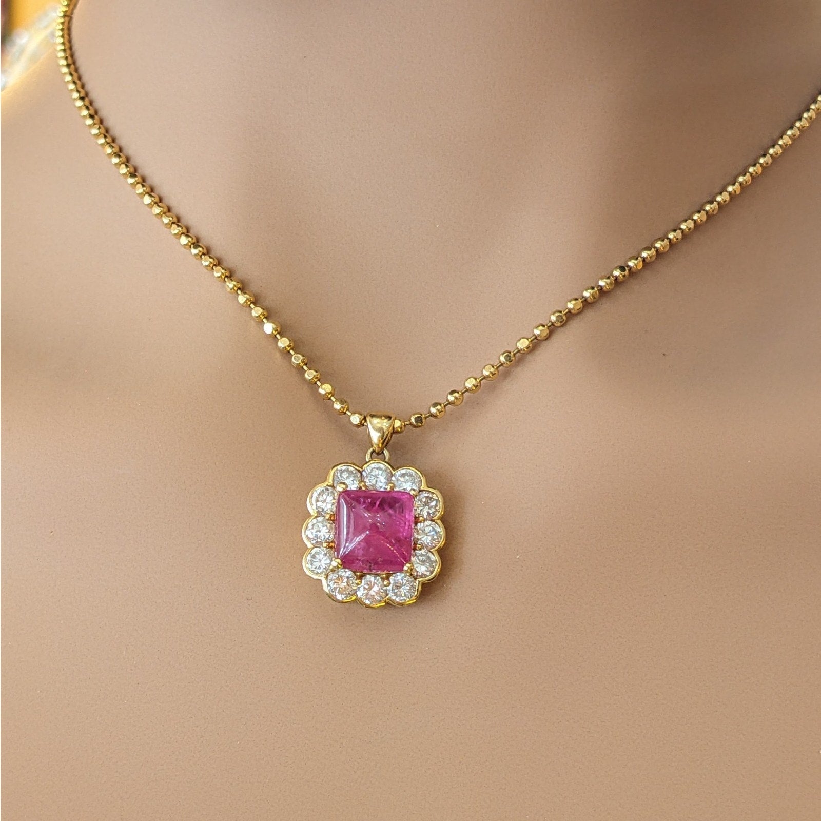 GIA 4.97 ct UnHeated Cabochon Ruby Necklace Halo Diamonds in 18k Yellow Gold
