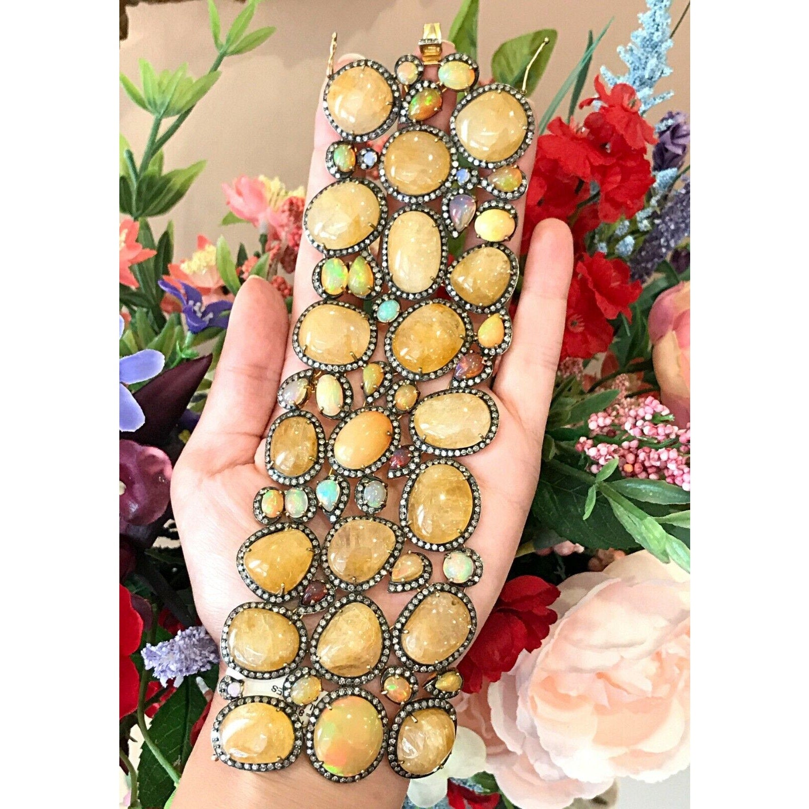 Sapphire, Opal & Diamond Wide Bracelet in 18K Gold with Black Rhodium