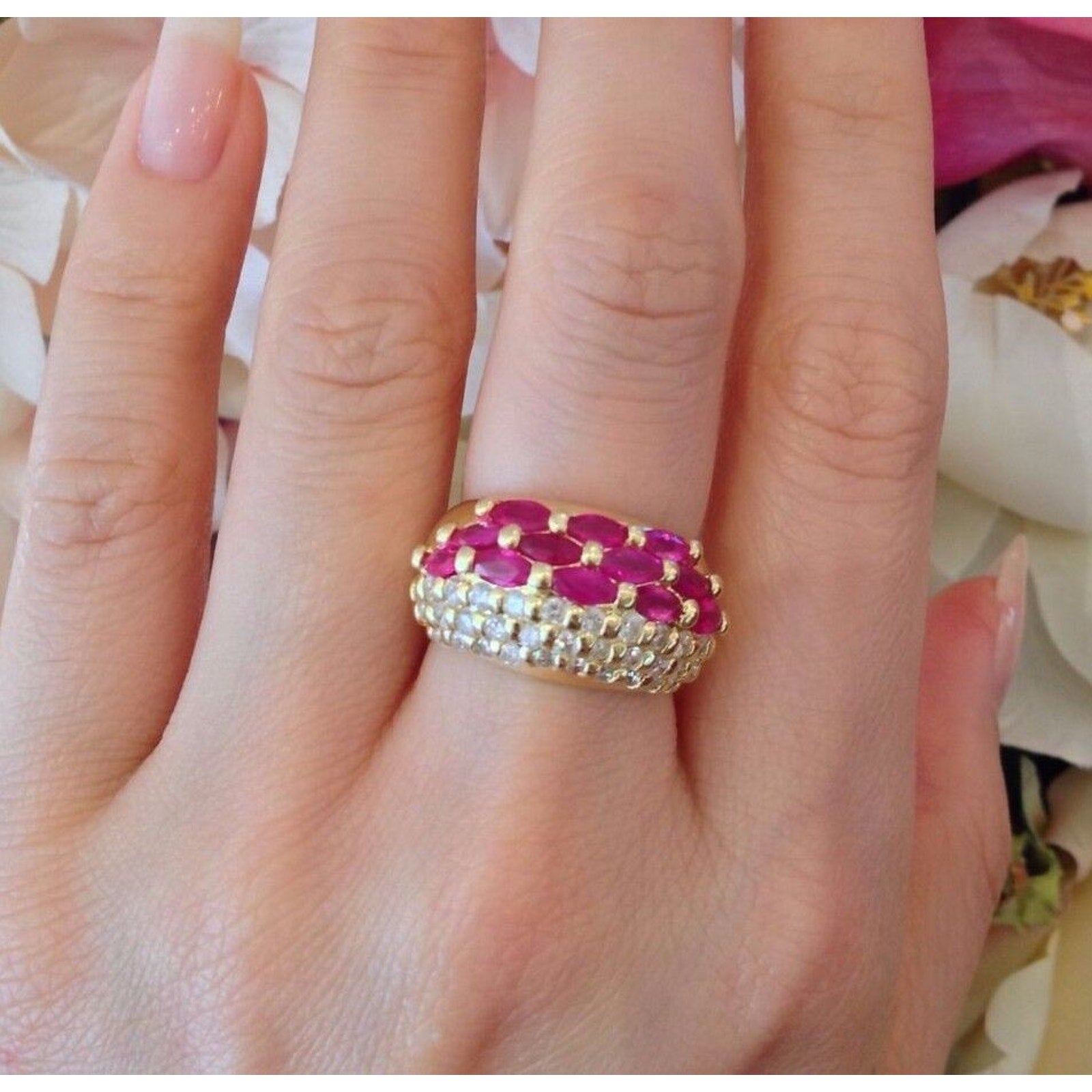 Marquise Ruby and Round Diamond Band Ring in 18K Yellow Gold