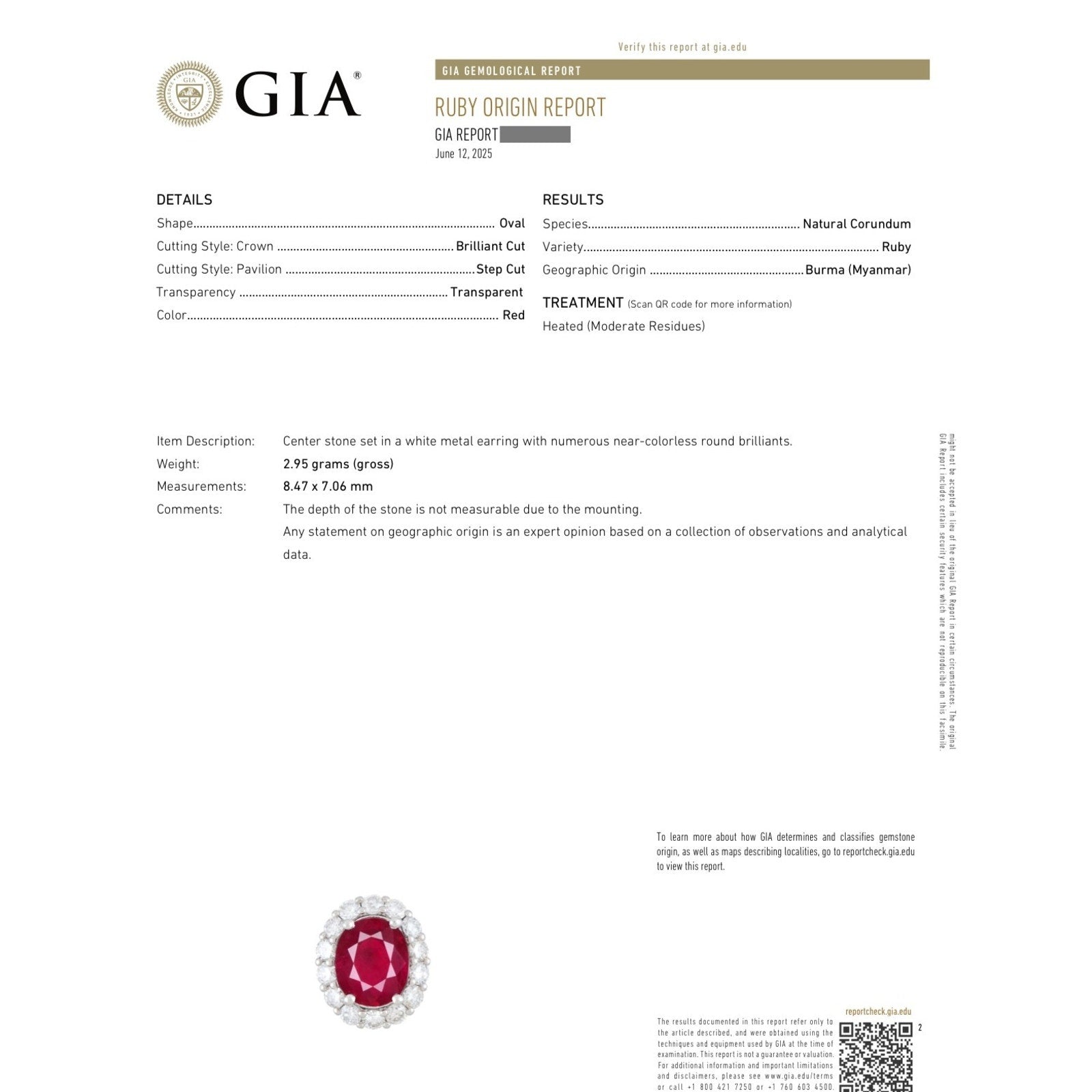 GIA Natural Burma Ruby Oval Stud Earrings with Diamonds in Platinum & 14k White Gold