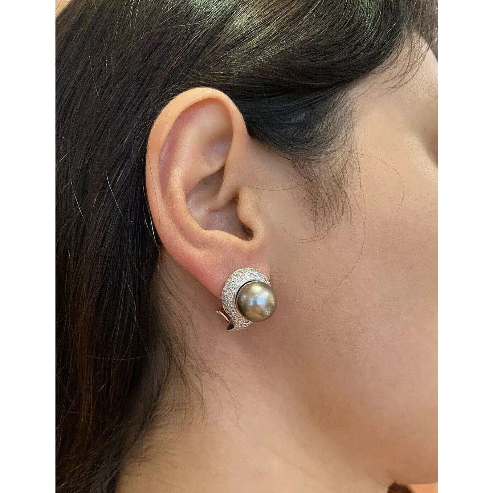 Pave Diamond and Black South Sea Pearl Earrings in 14k White Gold