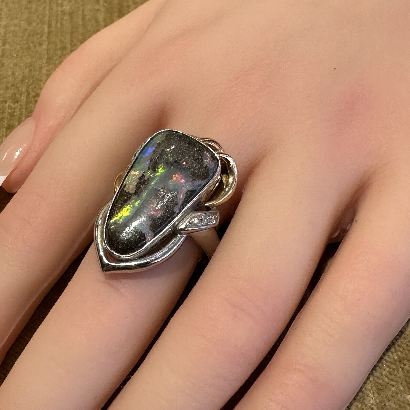 Boulder Opal and Diamond Ring in 18k Yellow Gold and Platinum