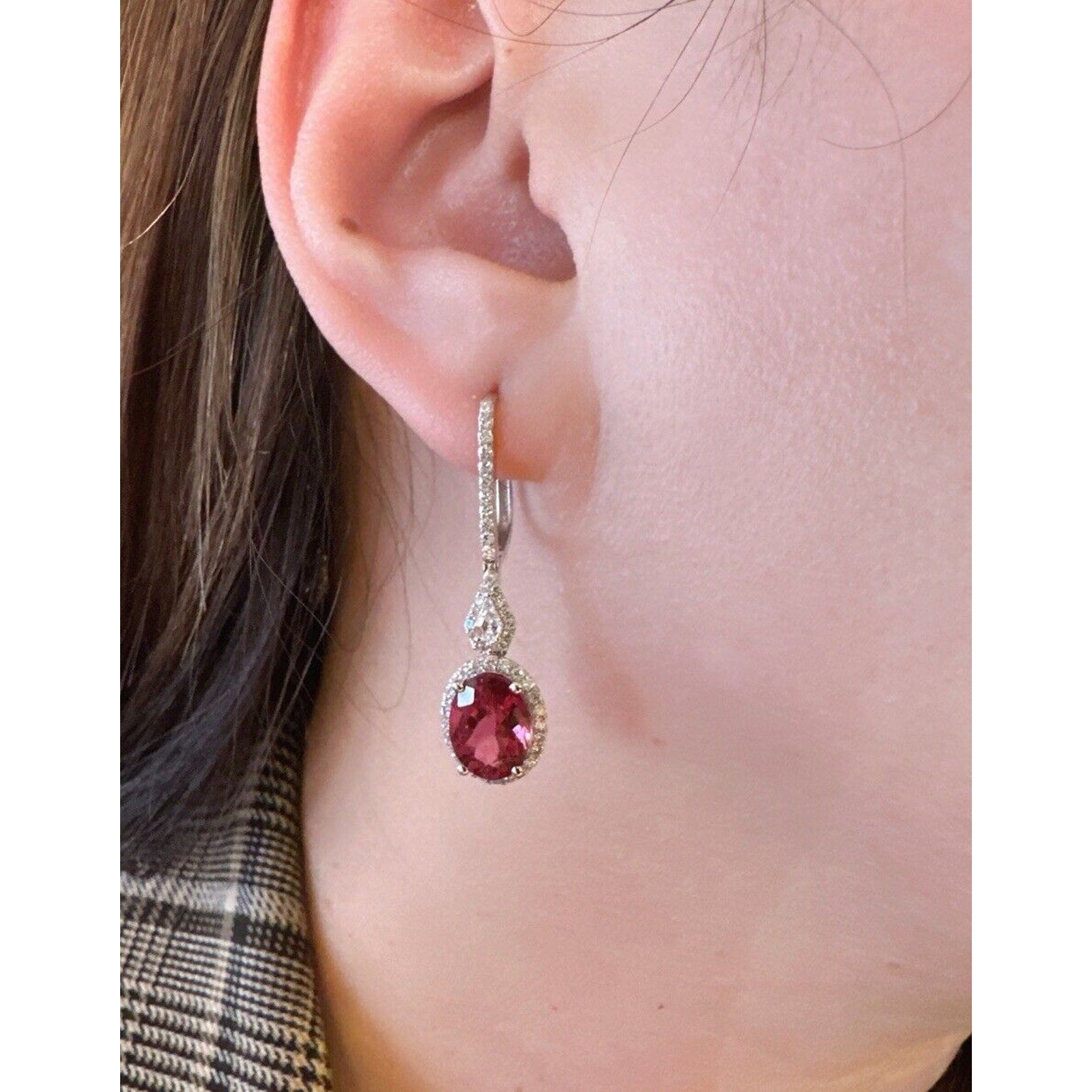 Natural Oval Rubellite and Diamond Drop Earrings in 18k White Gold