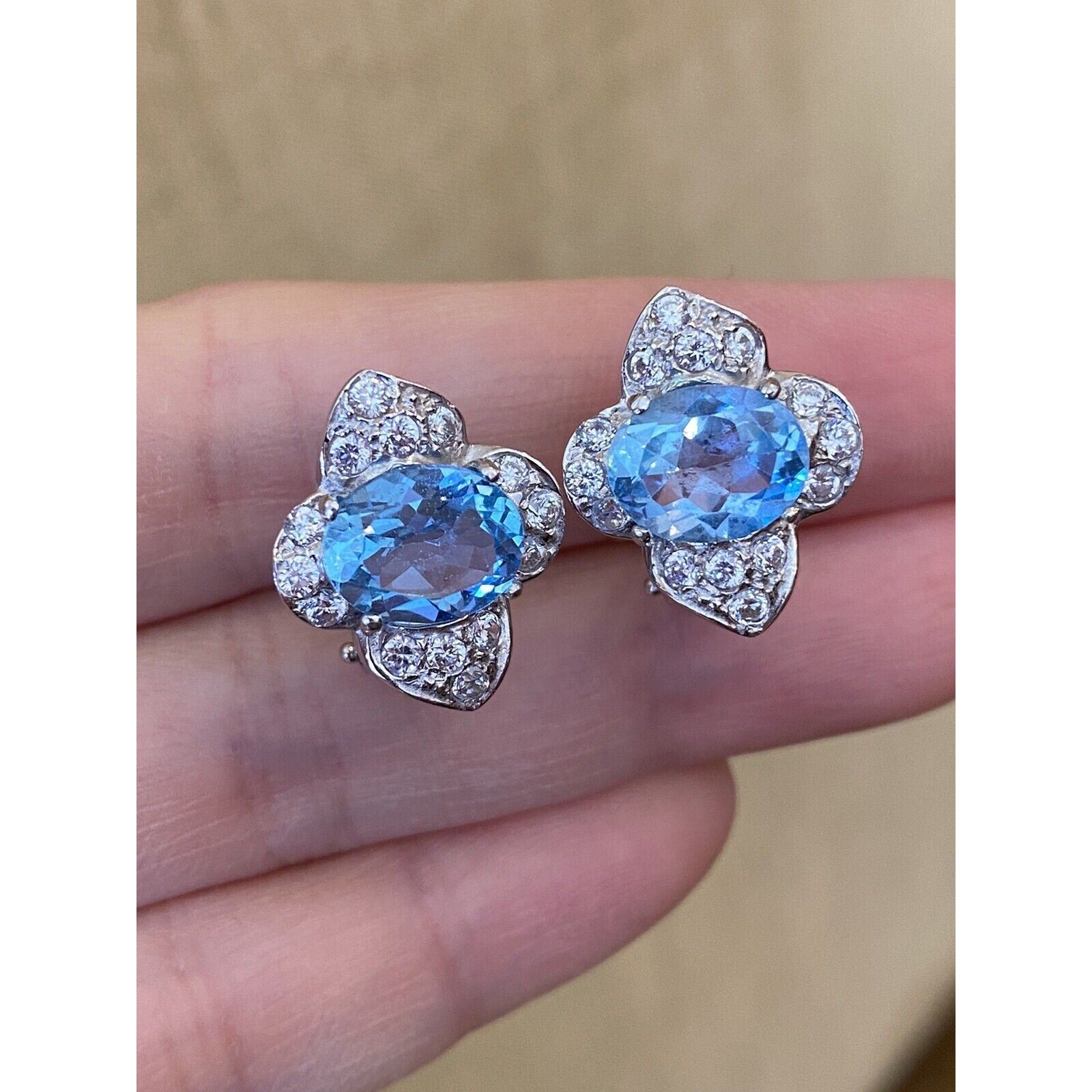 Blue Topaz & Diamond Flower Button Earrings in 18k White Gold