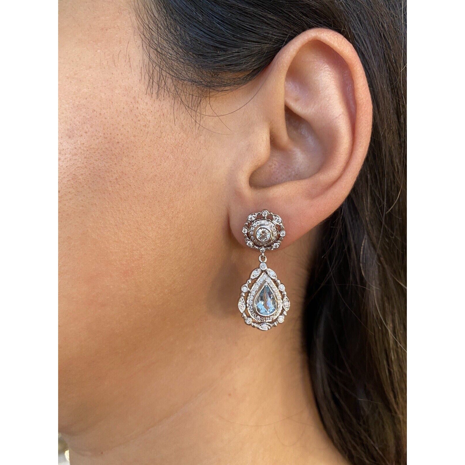 Doris Panos Aquamarine & Diamond Drop Earrings in 18k White Gold -- HM2368SN