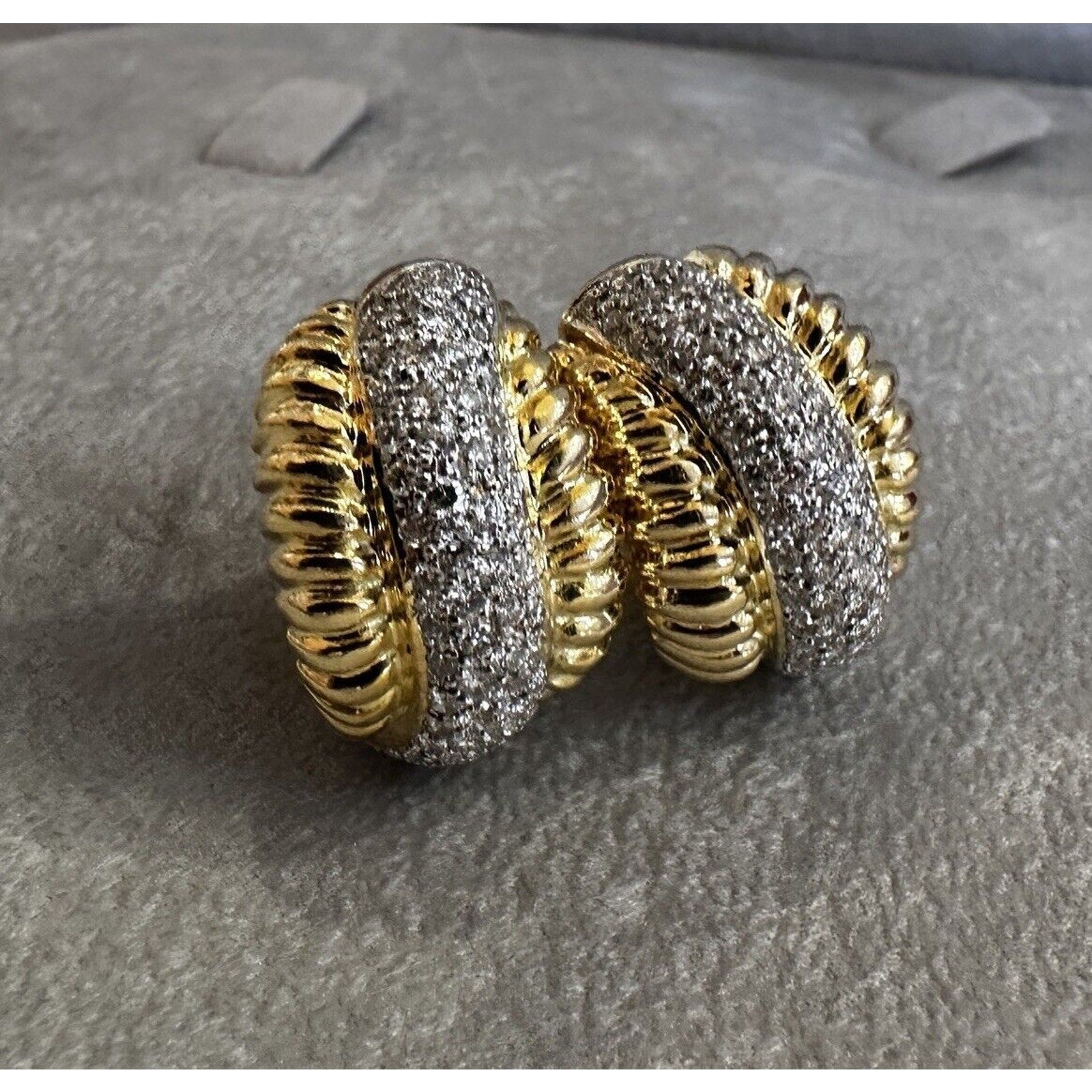 Scalloped Gold and Diamond Pave Half Hoop Earrings in 18k Yellow Gold