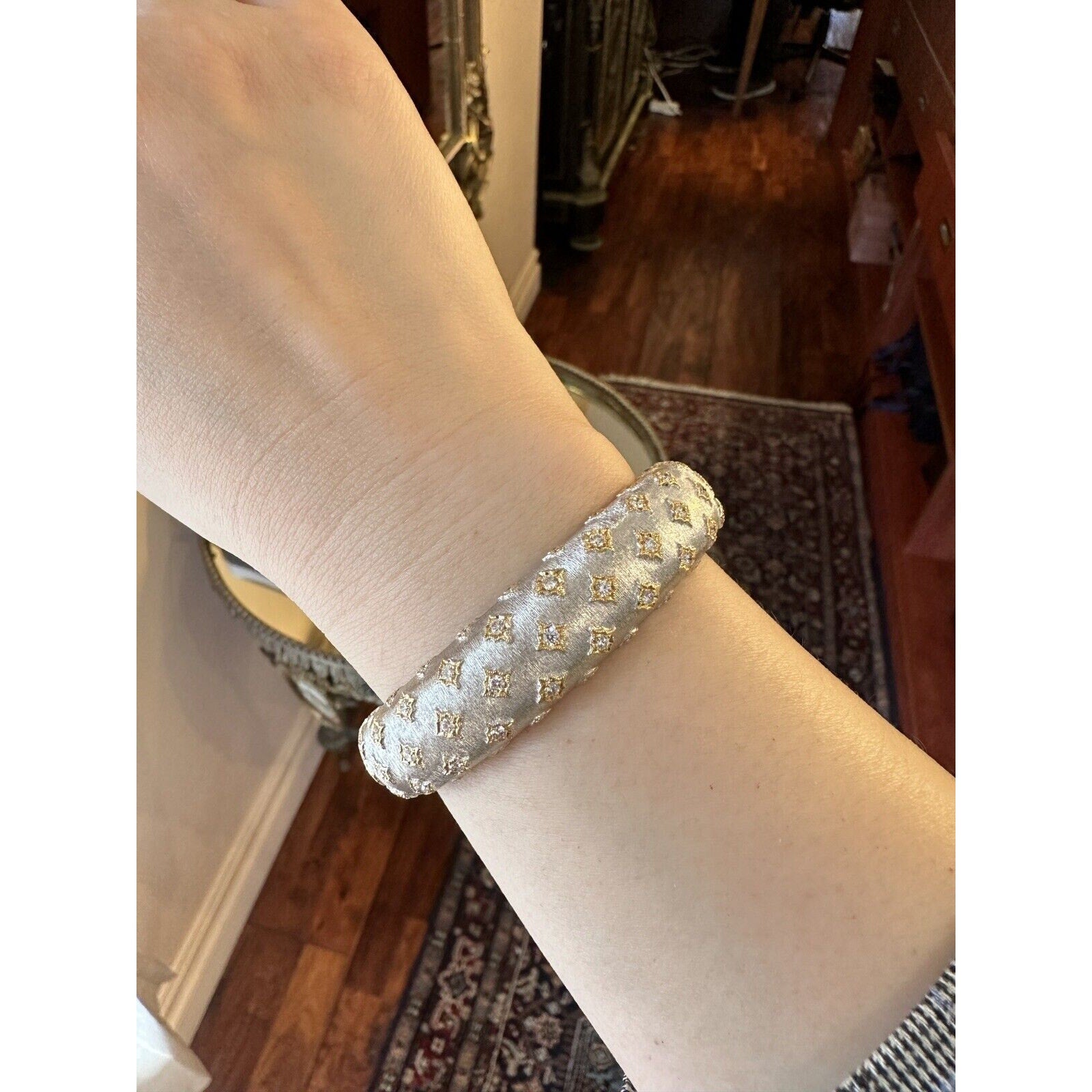 Wide Diamond Bangle Bracelet in Textured 18k White and Yellow Gold