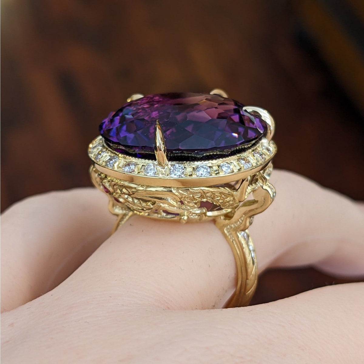 GIA Round Amethyst 29.51 ct and Diamond Dragon Ring in 18k Yellow Gold
