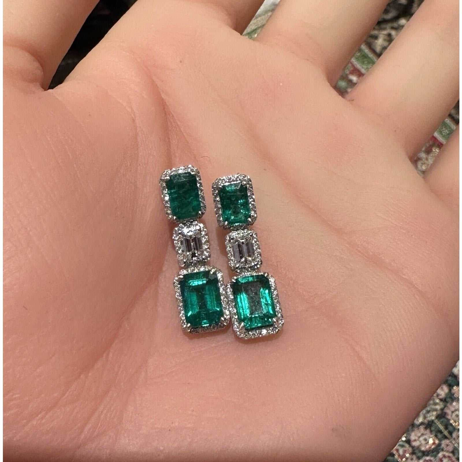 Natural Emerald and Diamond Drop Earrings in 18k White Gold