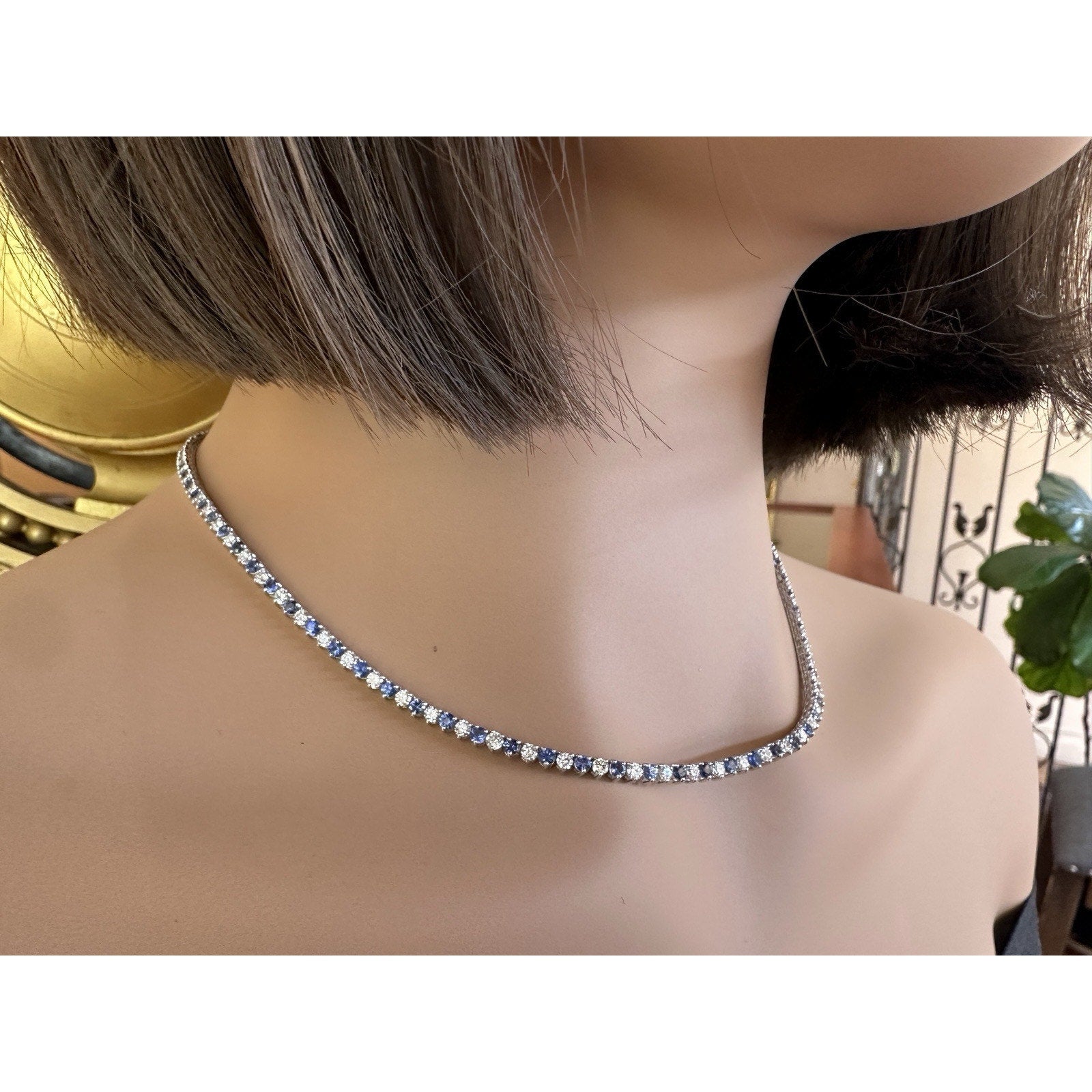 Sapphire & Diamond 3 Prong Tennis Necklace 17" in 18k White Gold