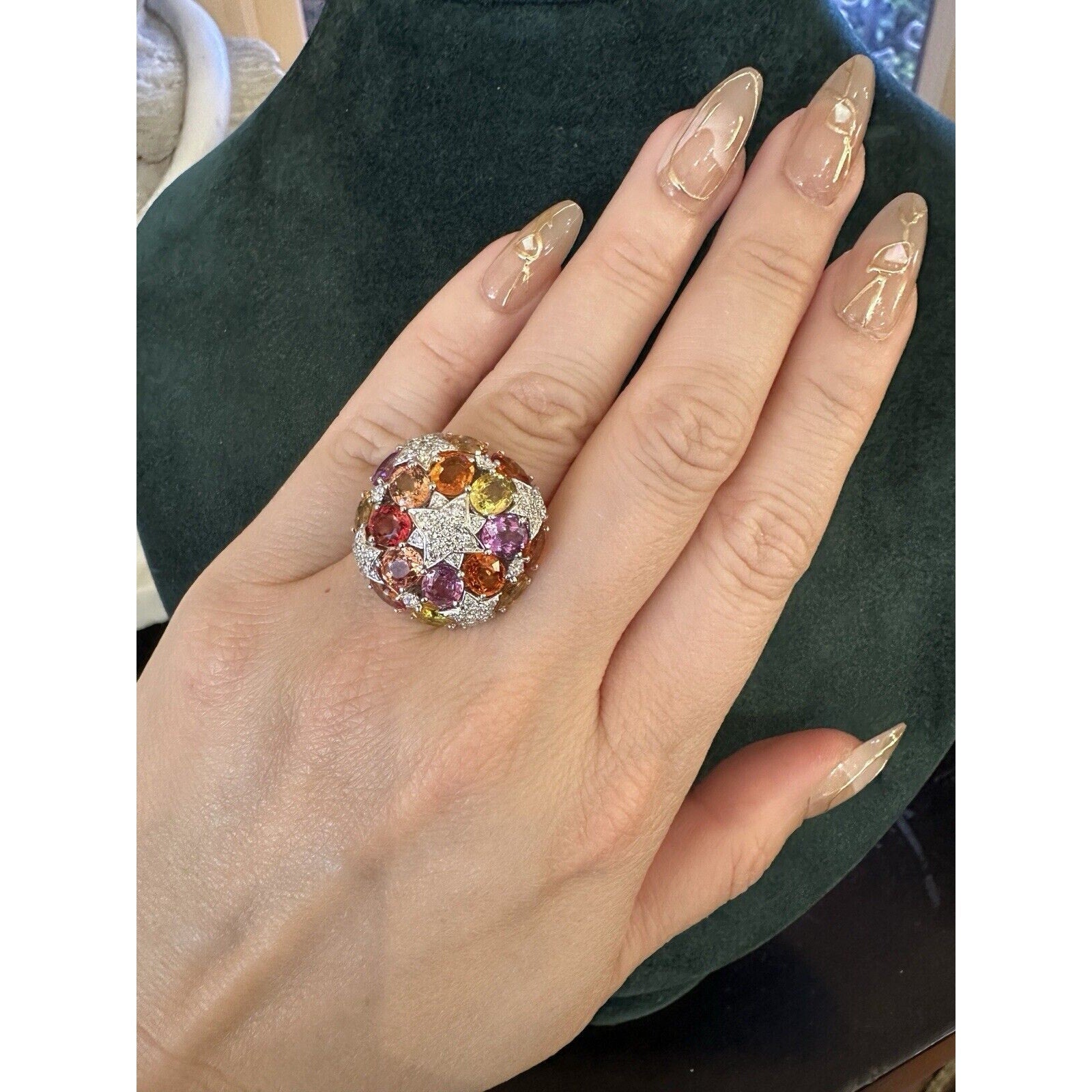 Multicolor Sapphire and Diamond Star Dome Ring in 18k White Gold
