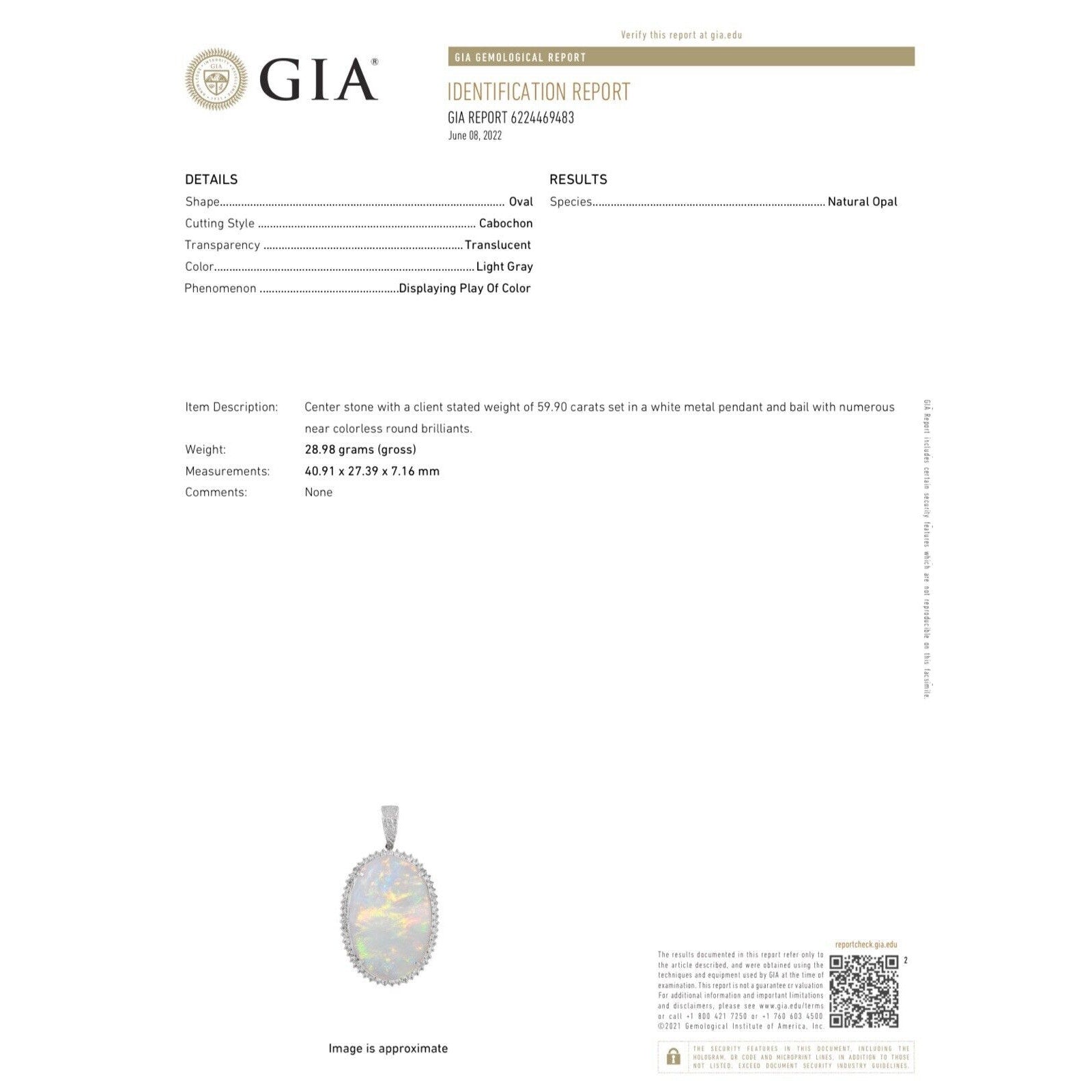 GIA Grey Opal 59.90 carat with Diamond Halo Pendant in Platinum / 18k White Gold