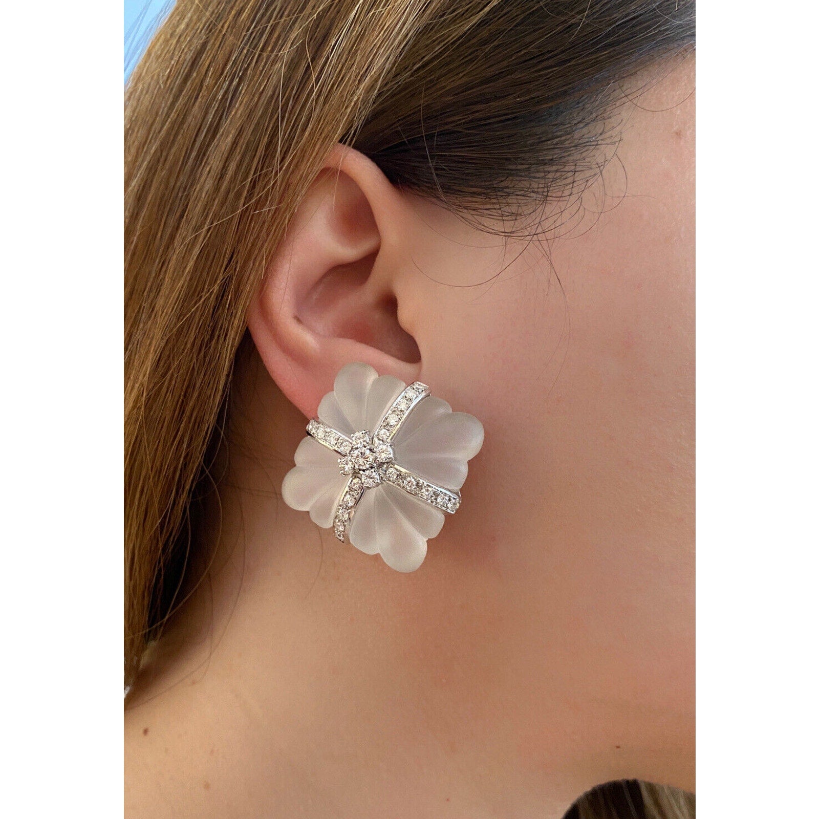 Large Carved Rock Crystal & Diamond Button Earrings in 18k White Gold- HM2401AA