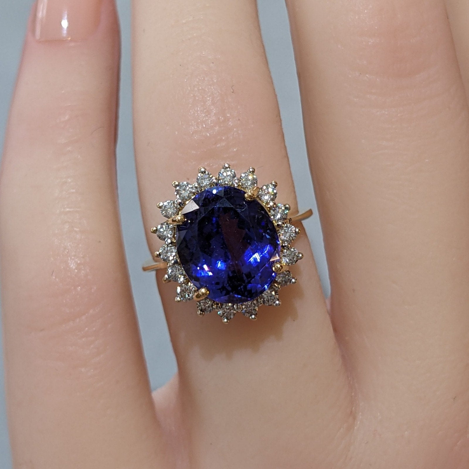 Estate 5cts Oval Tanzanite Ring with Halo Diamonds in 18k Yellow Gold