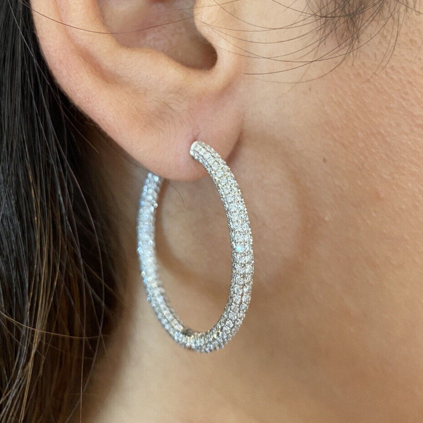 5.04 ct Round Pave Diamond Hoop Earrings in 18k White Gold by Odelia