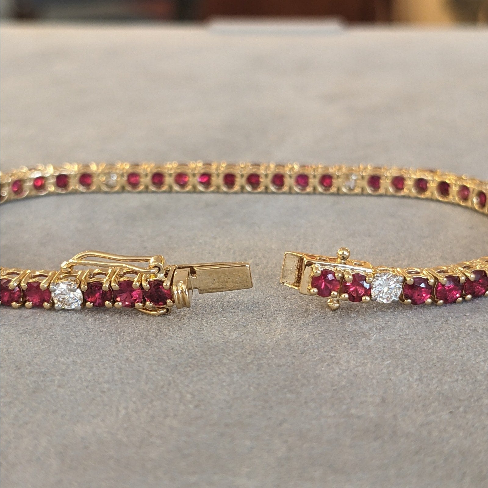 Unheated Natural Ruby & Diamond Tennis Line Bracelet in 18k Yellow Gold