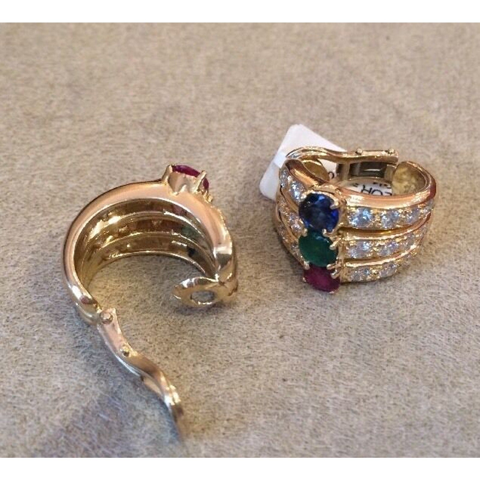 Diamond, Ruby, Emerald, Sapphire Half Hoop Earrings in 18k Yellow Gold