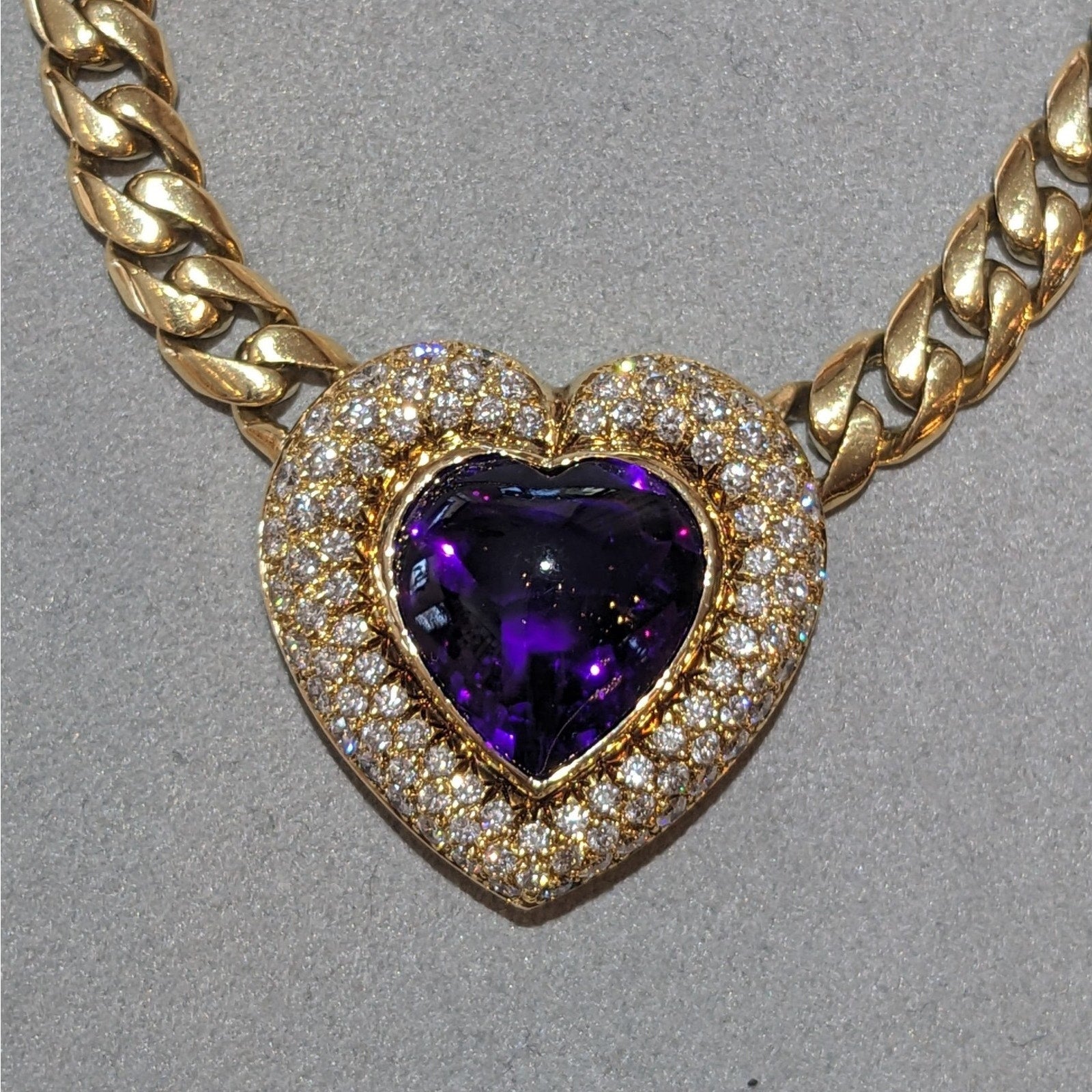 Heart Amethyst and Diamond Pendant Choker Necklace in 18k Yellow Gold