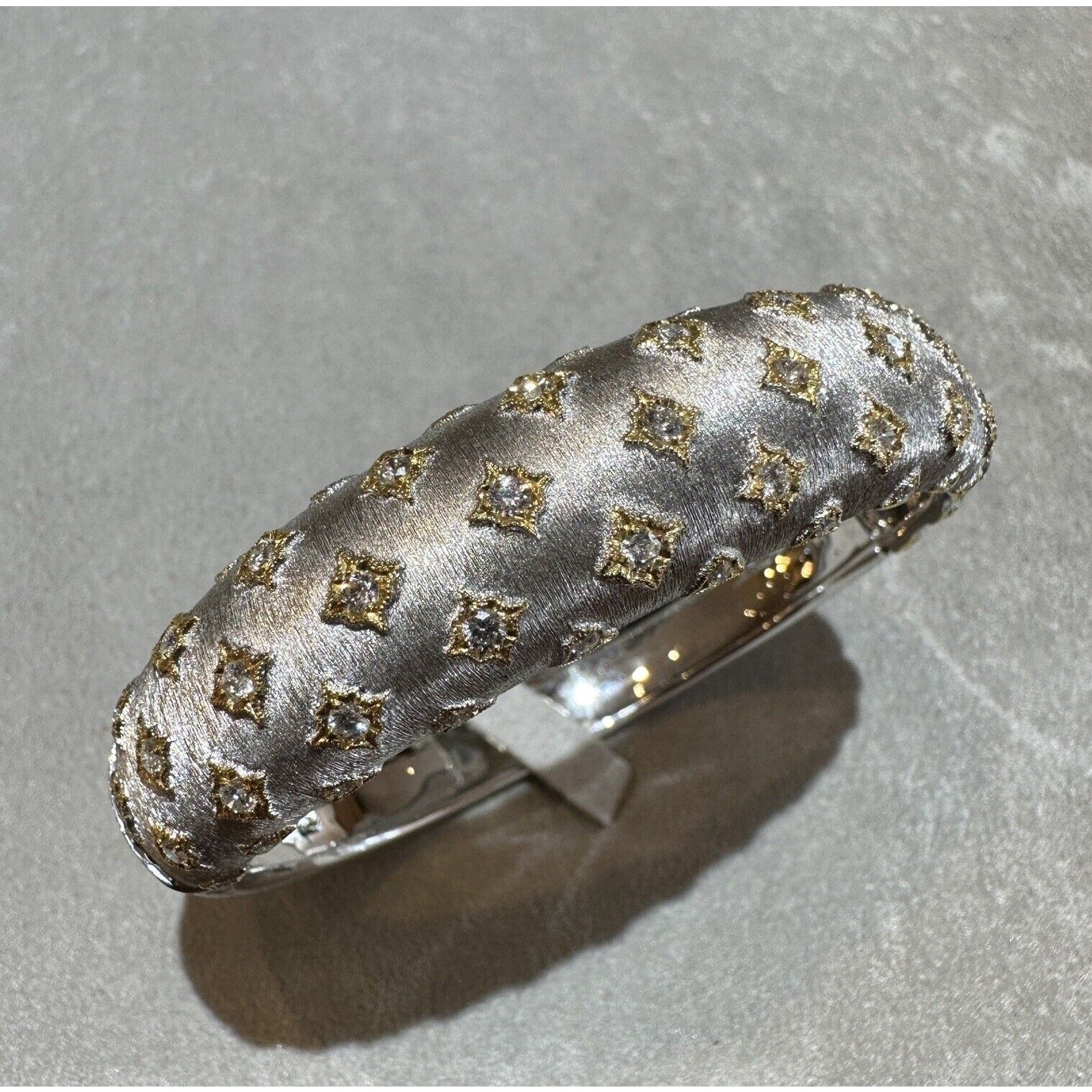 Wide Diamond Bangle Bracelet in Textured 18k White and Yellow Gold