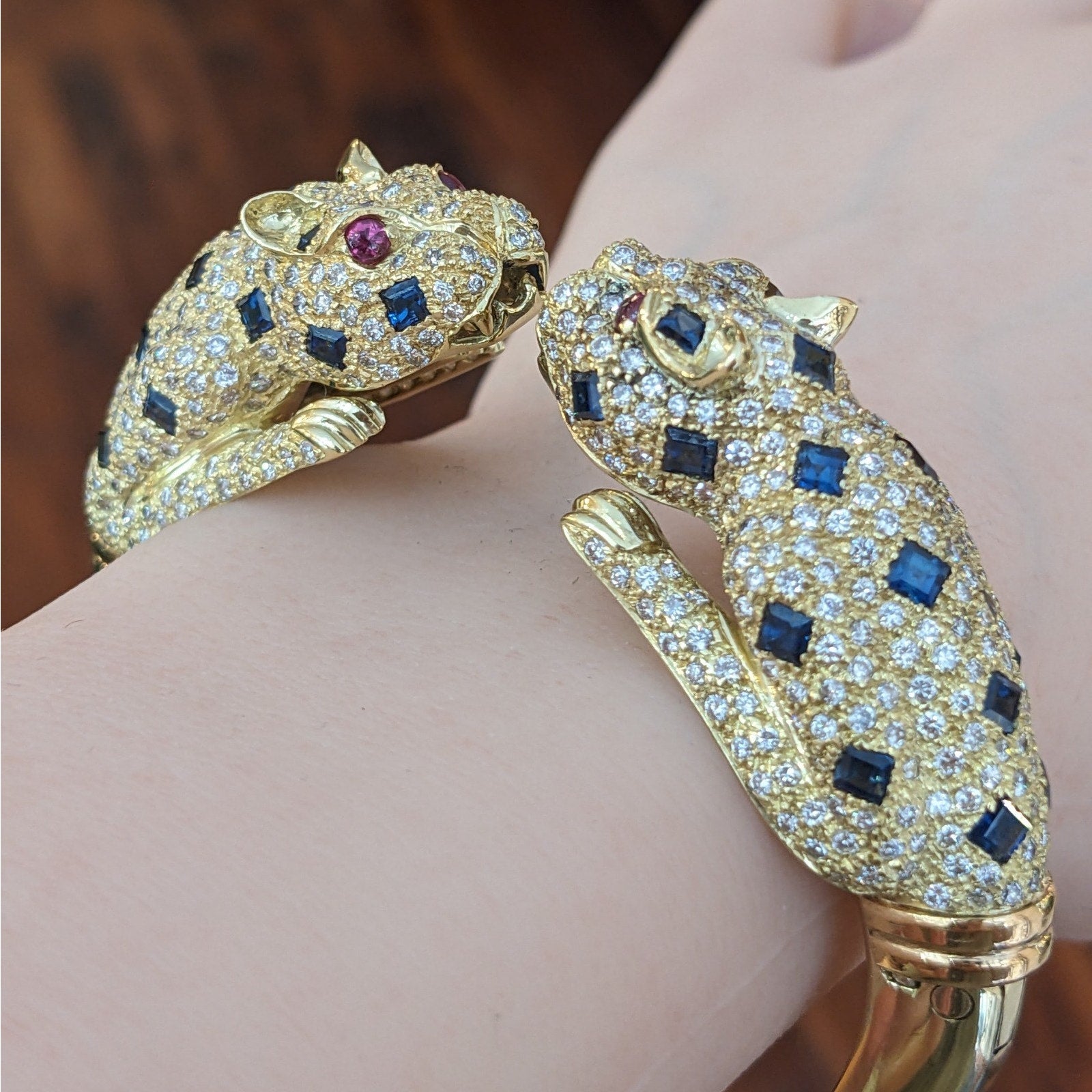 Panther Diamond and Sapphire Pave Bangle Bracelet in 18k Yellow Gold