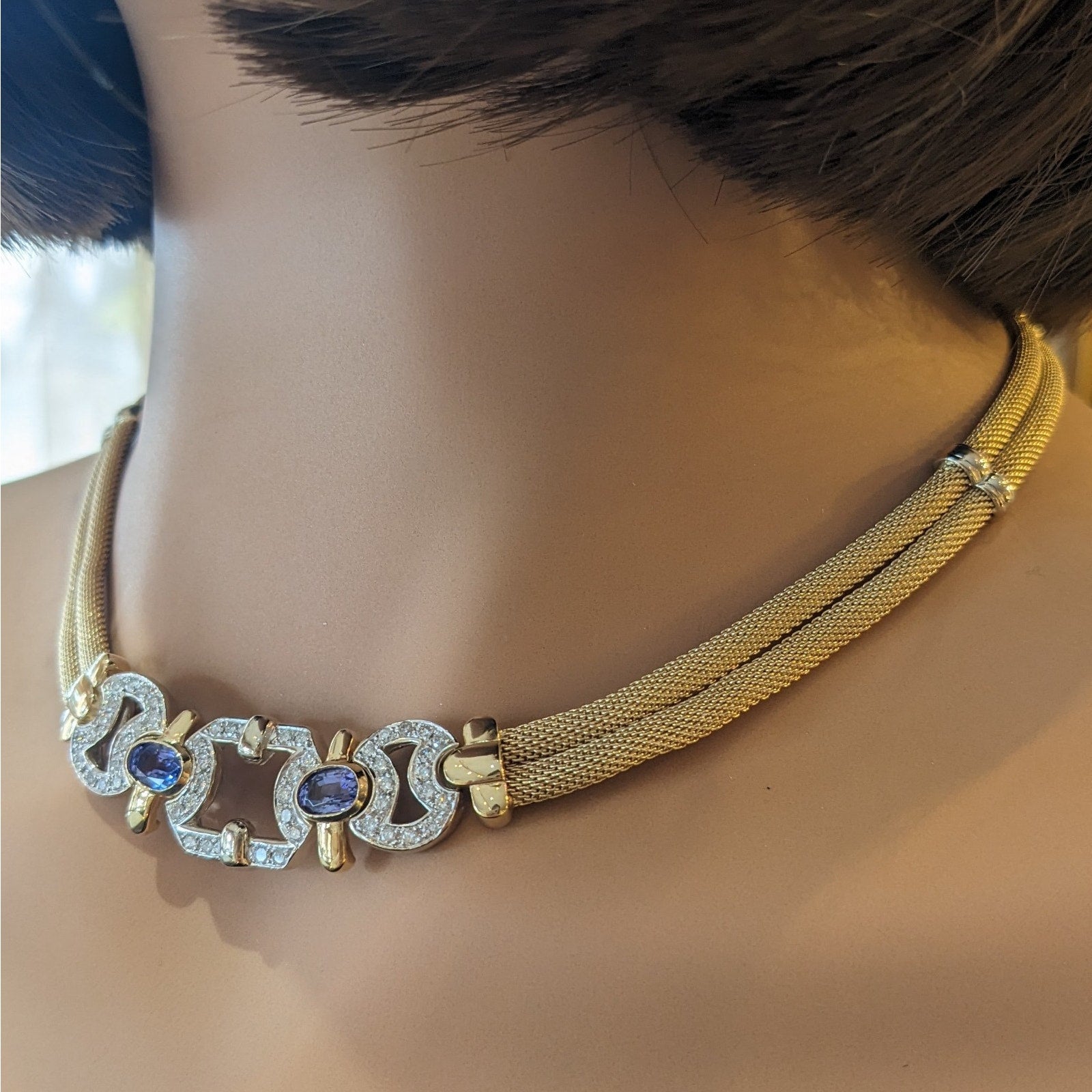 Tanzanite & Diamond Mesh Necklace in 14k Yellow and White Gold Italian