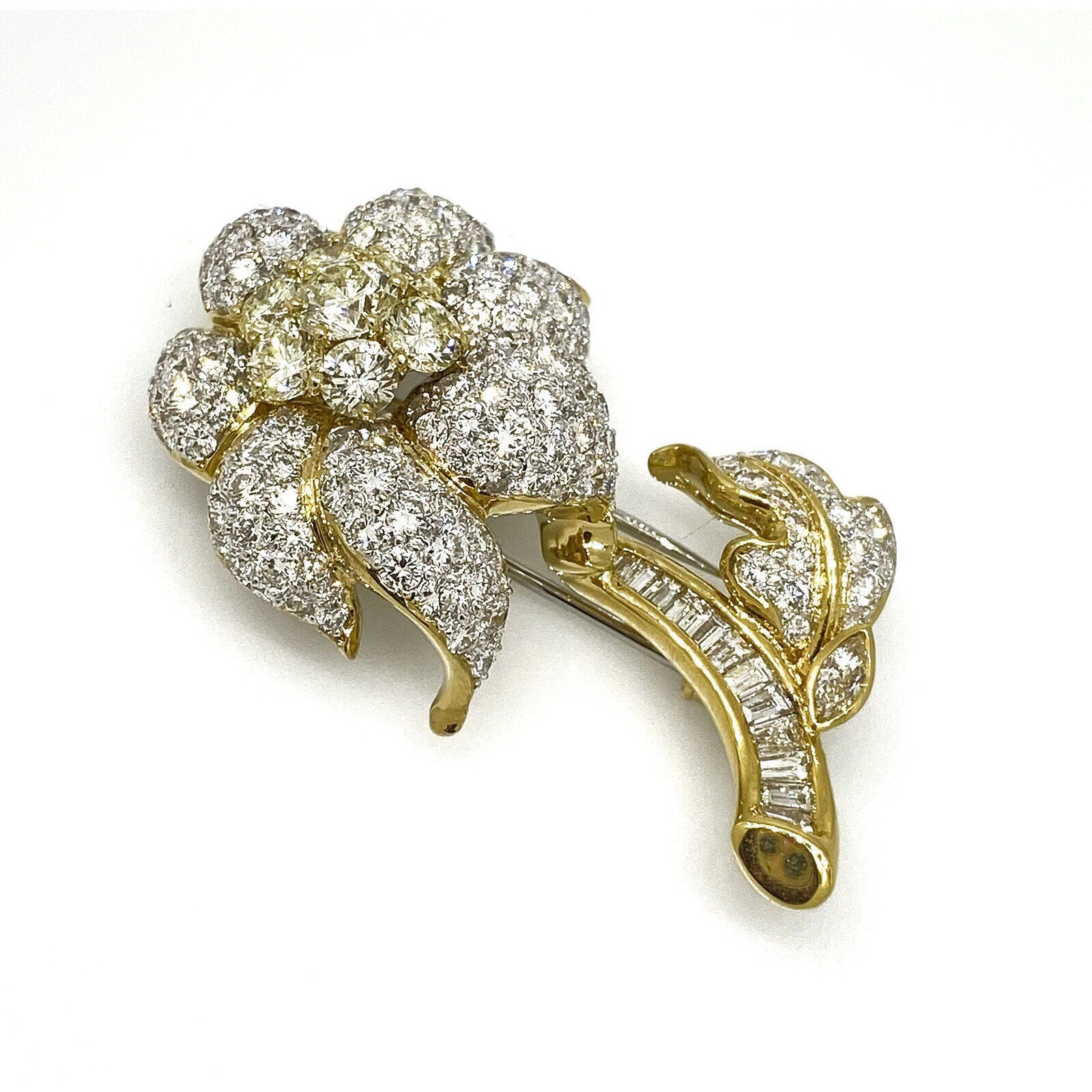 Estate Pave Diamond Flower Brooch / Pin in 18k Yellow Gold