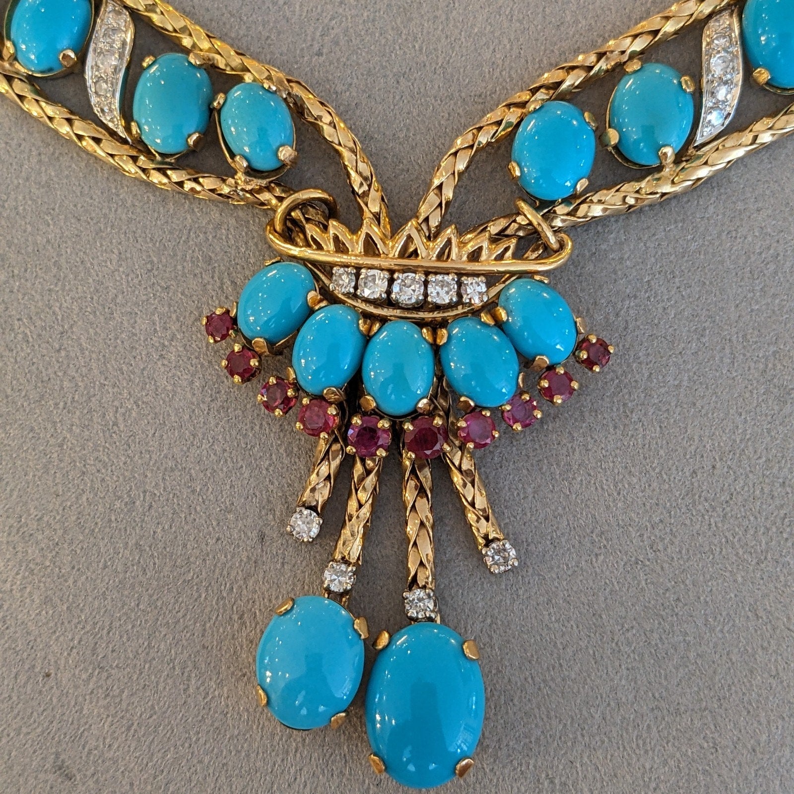 FRENCH Turquoise, Ruby, Diamond Necklace in 18k Yellow Gold / Platinum