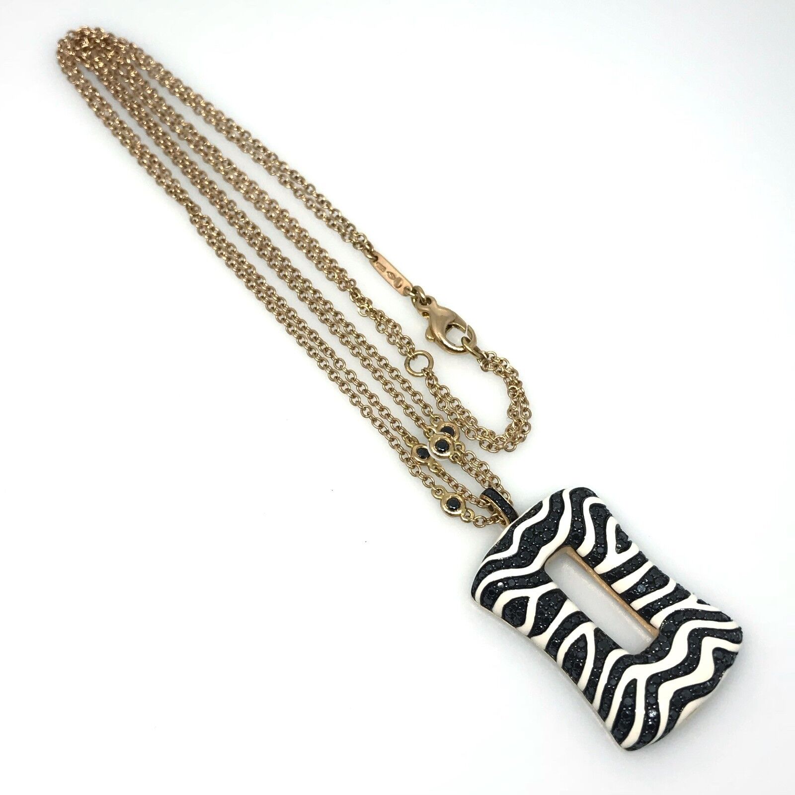 Black Diamond and White Enamel Zebra Pendant Necklace in 18k Rose Gold