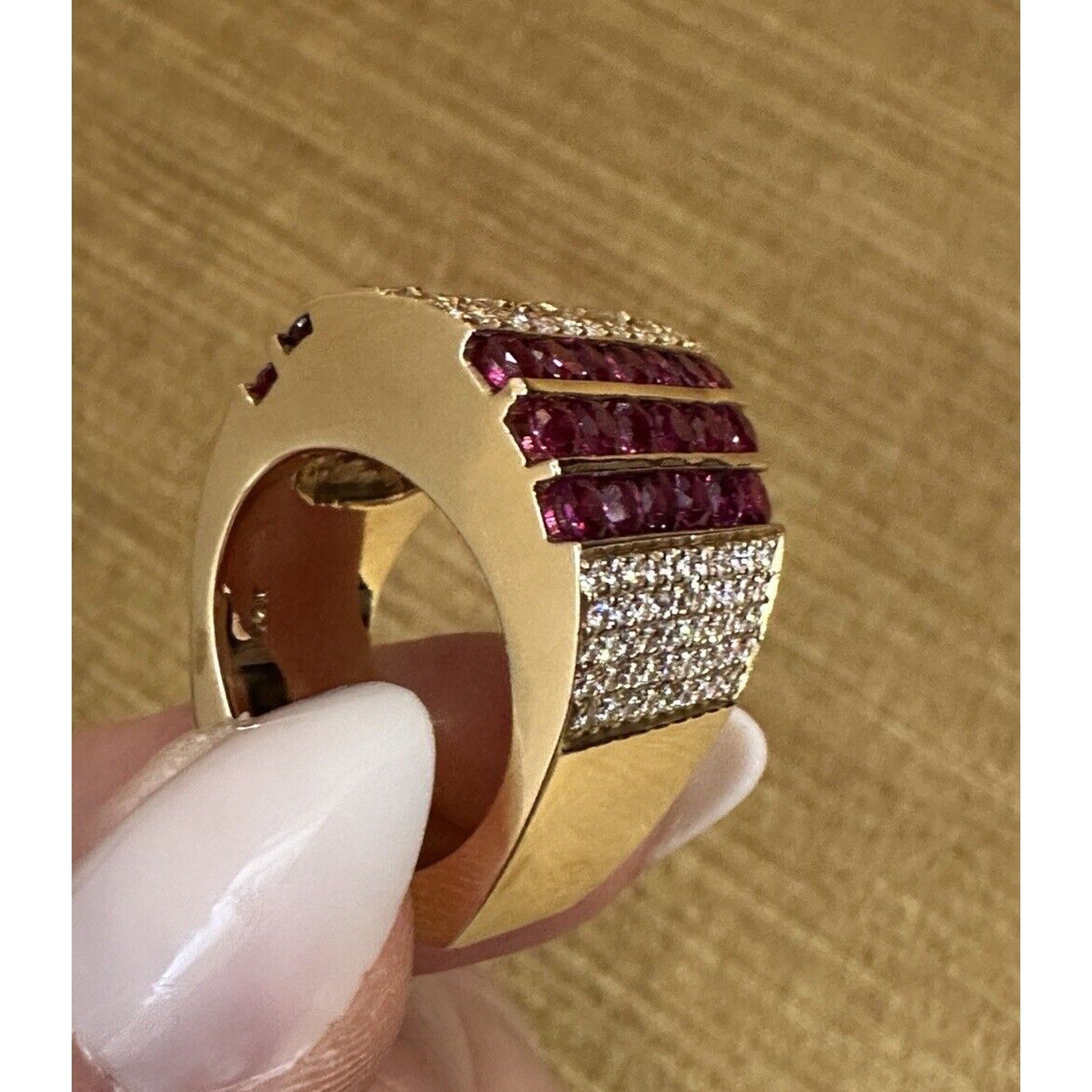 Jewels by Gauthier Wide Band Diamond and Ruby Ring in 14k Yellow Gold