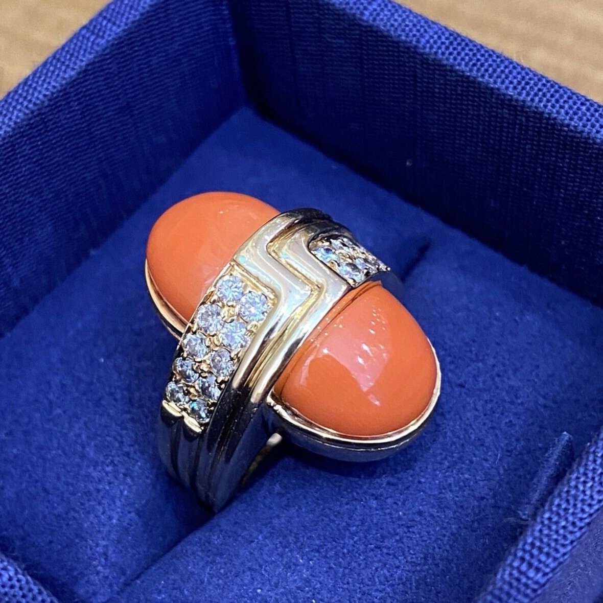 Large Vintage Coral and Diamond Ring in 18k Yellow Gold