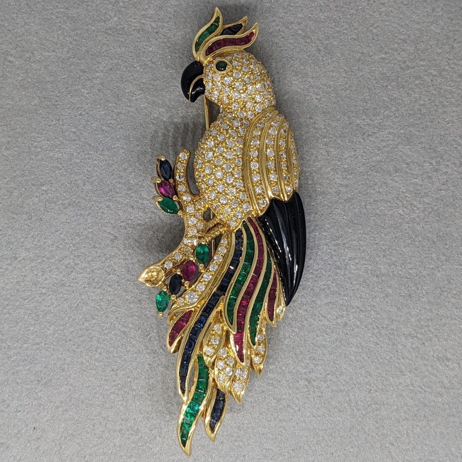 Large Parrot Pin Brooch with Diamonds and Gemstones in 18k Yellow Gold