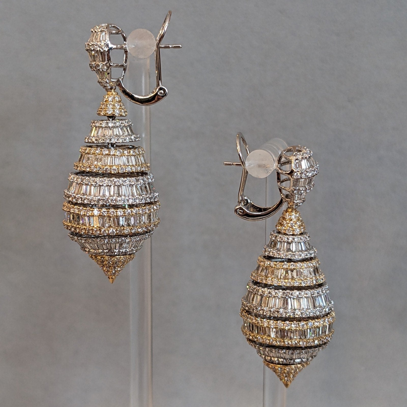 Round and Baguette Diamond Teardrop Earrings 11.00 cttw in 18k Gold