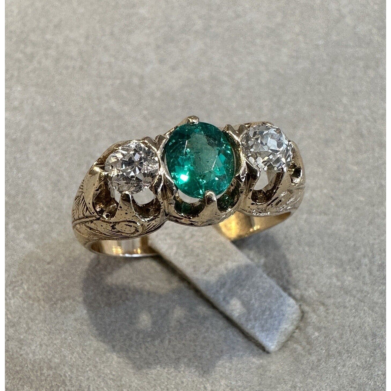Estate Emerald & Diamond Three Stone Ring in 14k Yellow Gold
