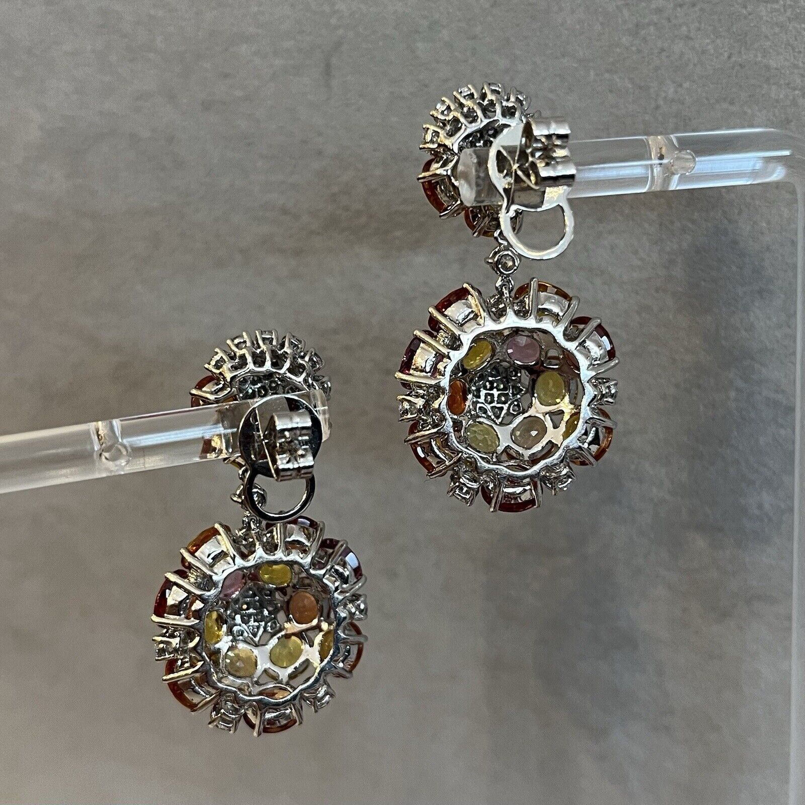 Multicolor Sapphire and Diamond Star Drop Earrings in 18k White Gold