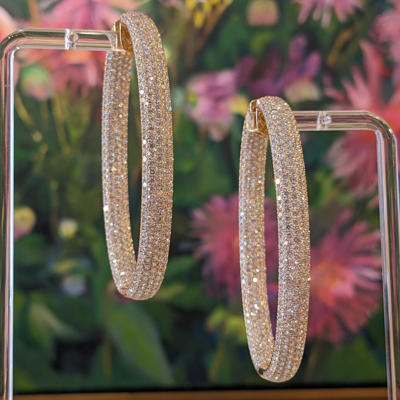 20.06cts Inside Out Oval Pave Diamond Hoop Earrings in 18k Yellow Gold