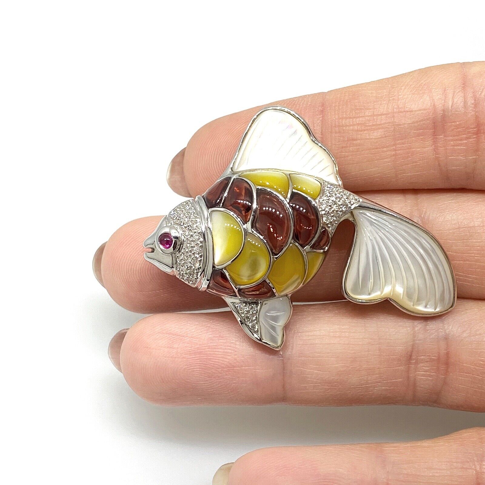Diamond, Garnet, Mother of Pearl Fish Pin/Pendant in 18k White Gold