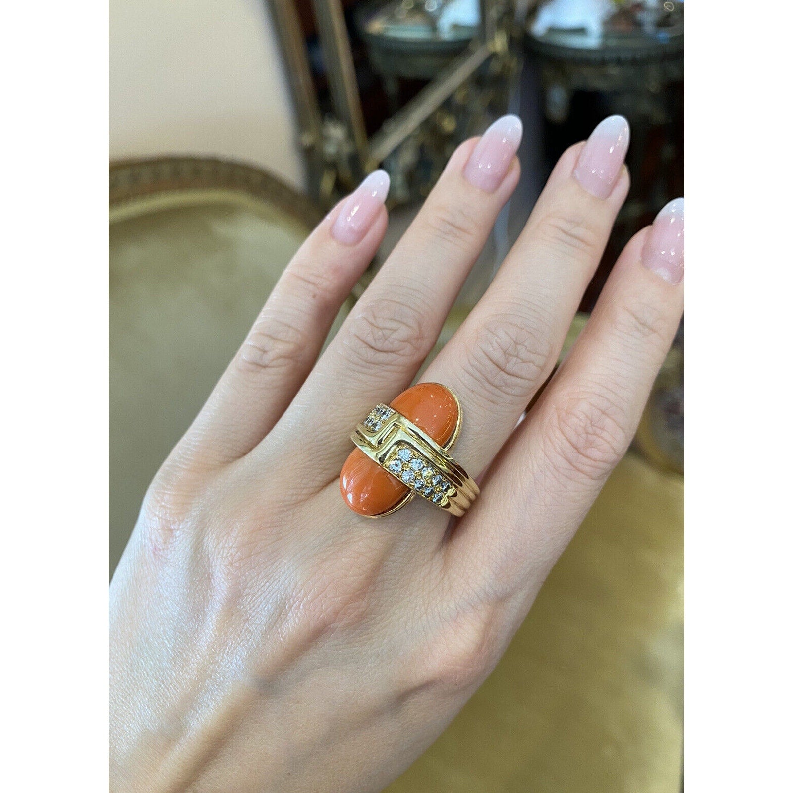 Large Vintage Coral and Diamond Ring in 18k Yellow Gold