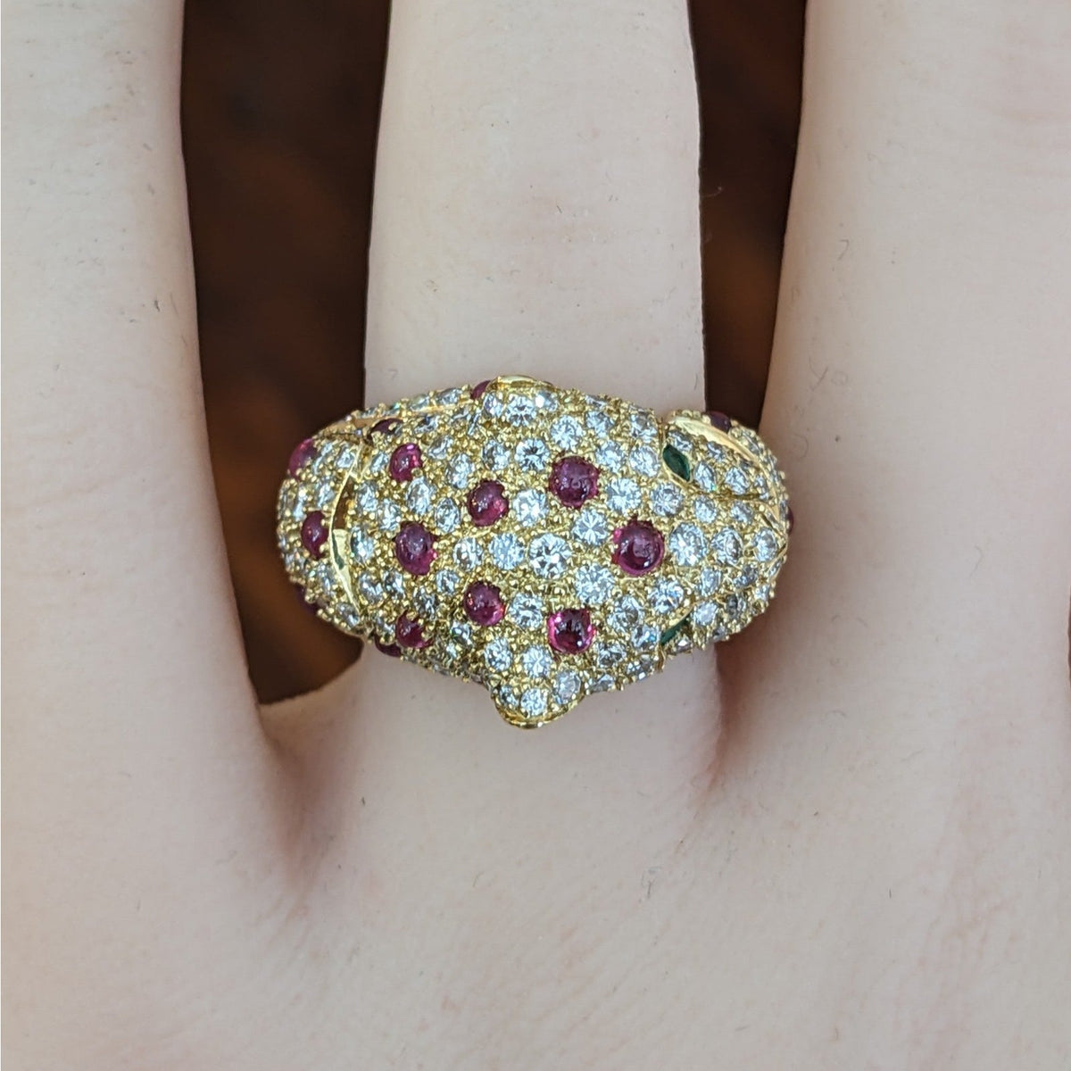 Pave Diamond and Ruby Panther Wrap Ring in 18k Yellow Gold