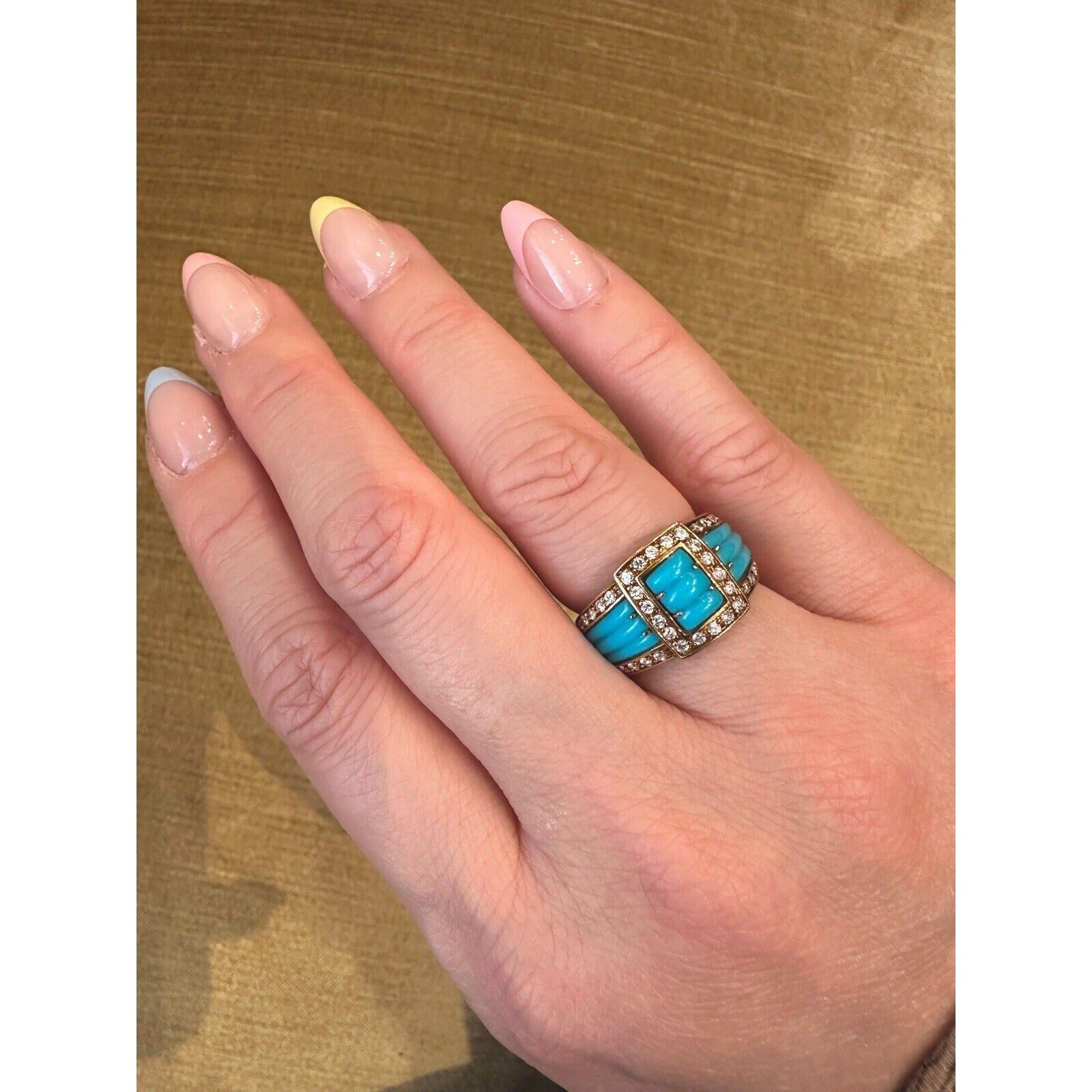 Estate Turquoise and Diamond Band Ring in 18k Yellow Gold