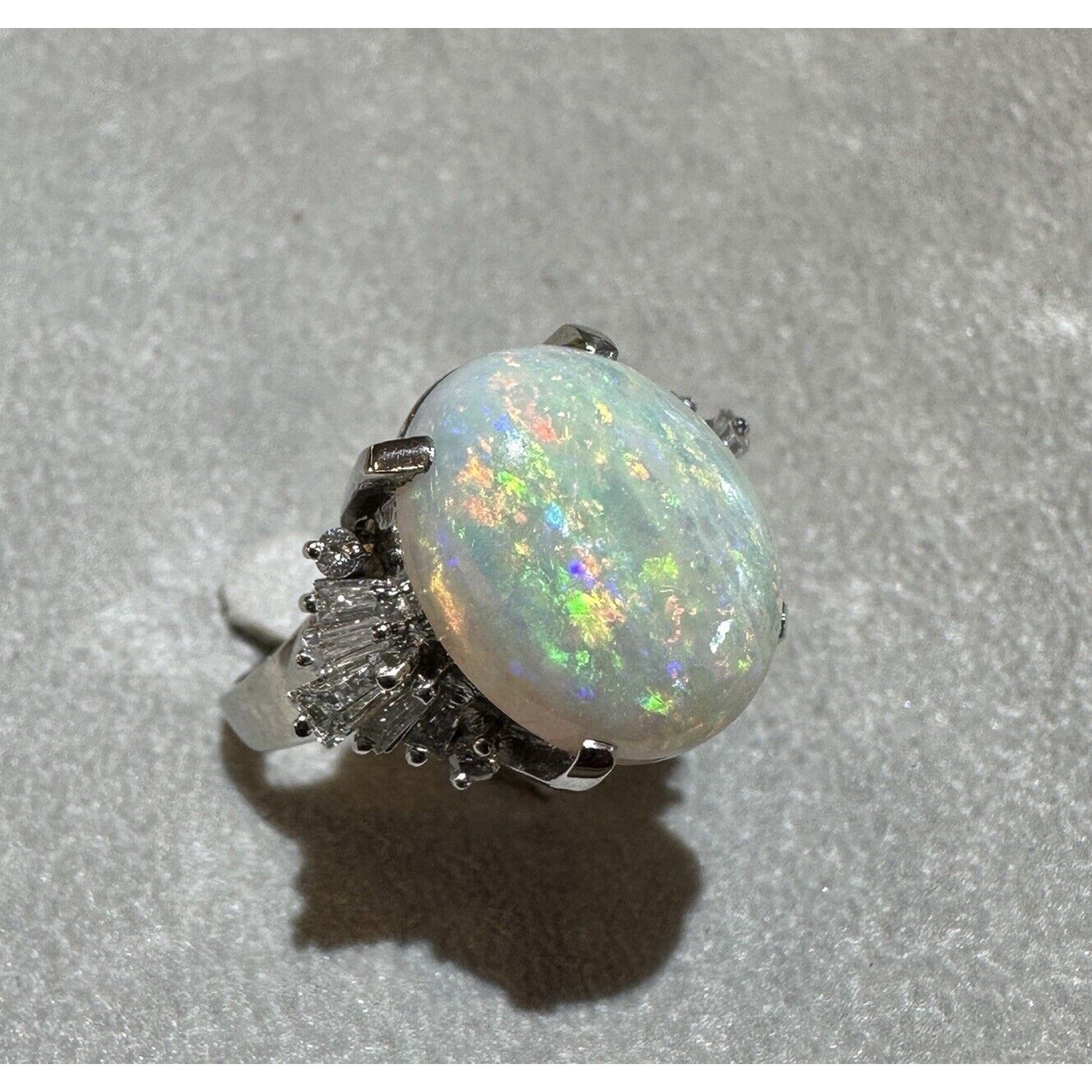 Natural 6.29 ct White Opal and Diamond Ring in Platinum