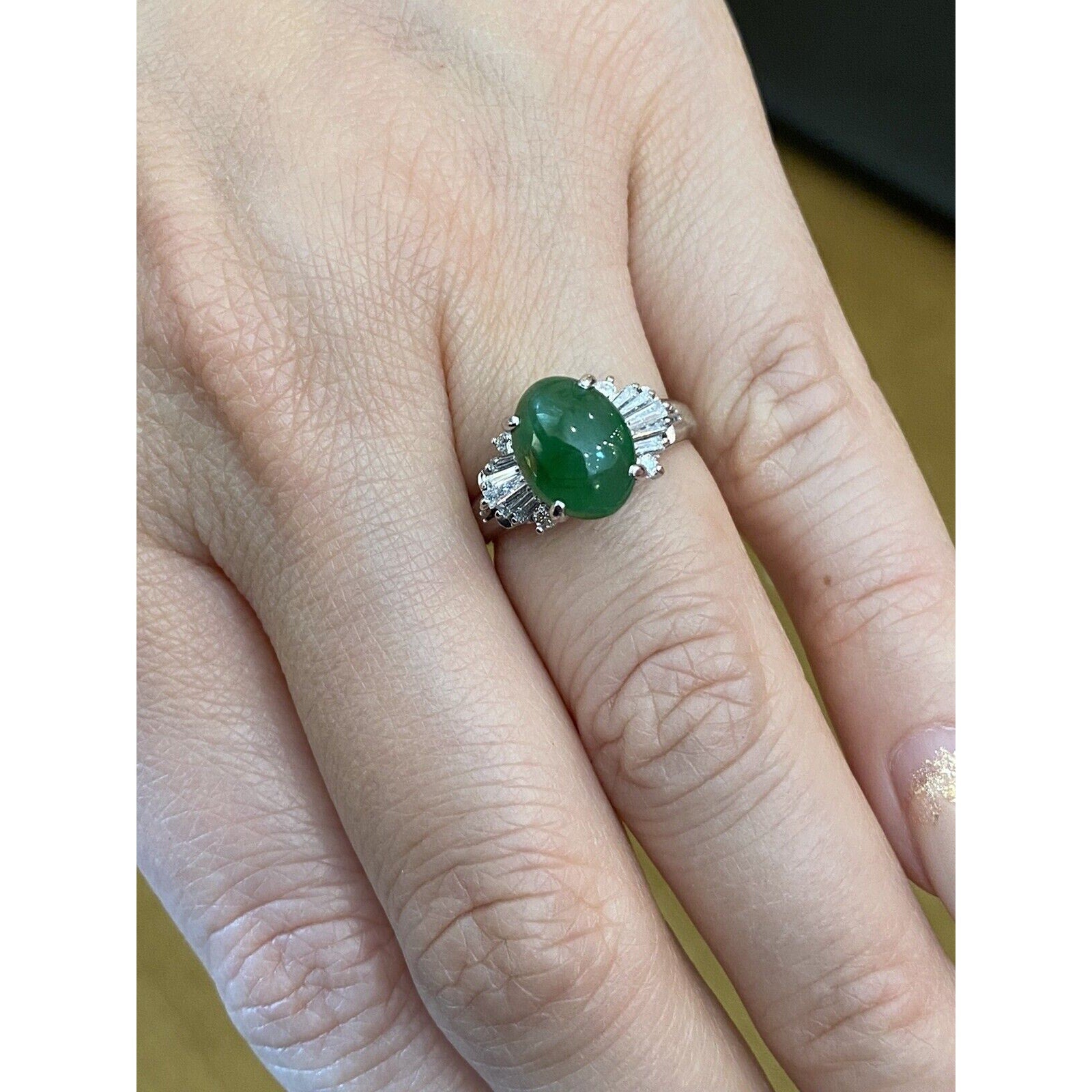 GIA Untreated Oval Jadeite Jade 2.79 carat and Diamond Ring in Platinum