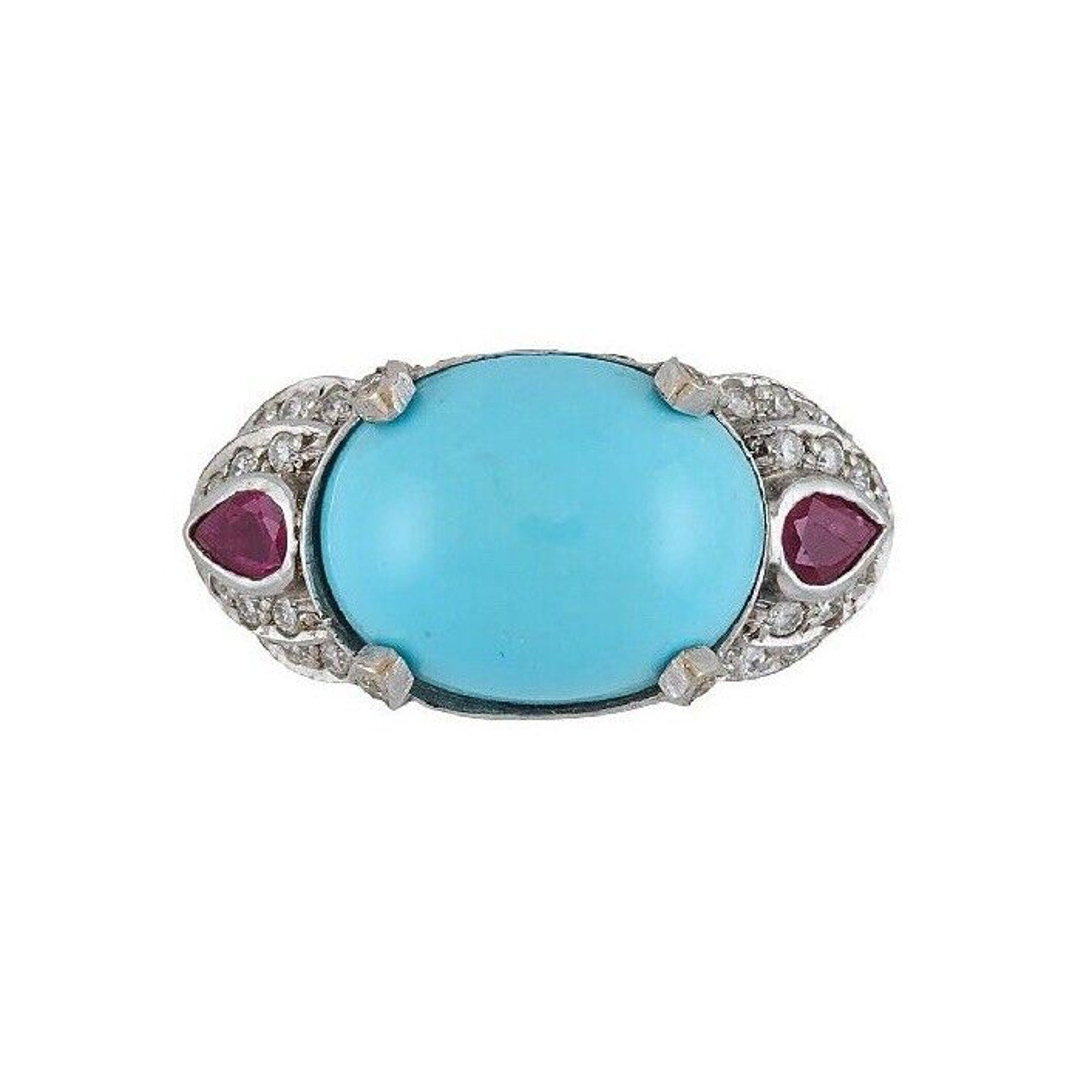 GIA Natural Turquoise, Ruby and Diamond Estate Ring in 18k White Gold